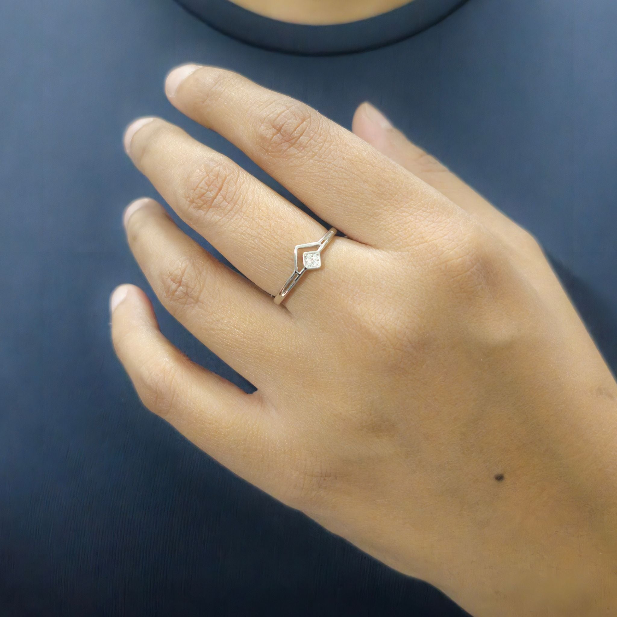 Minimalist Chevron Sterling Silver Ring with Cubic Zirconia