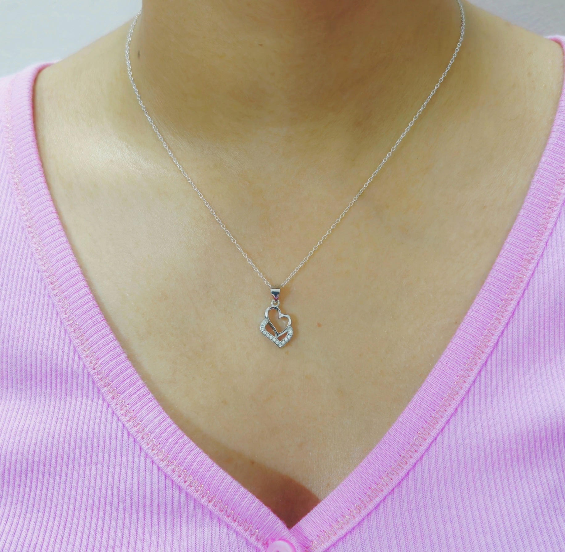 925 Sterling Silver Double Heart Pendant with Pavé Cubic Zirconia