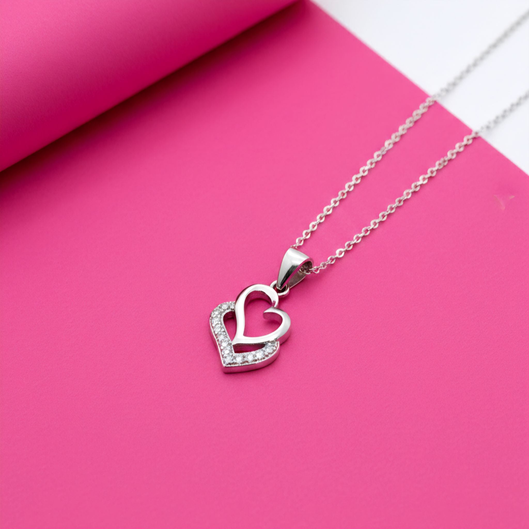 925 Sterling Silver Double Heart Pendant with Pavé Cubic Zirconia