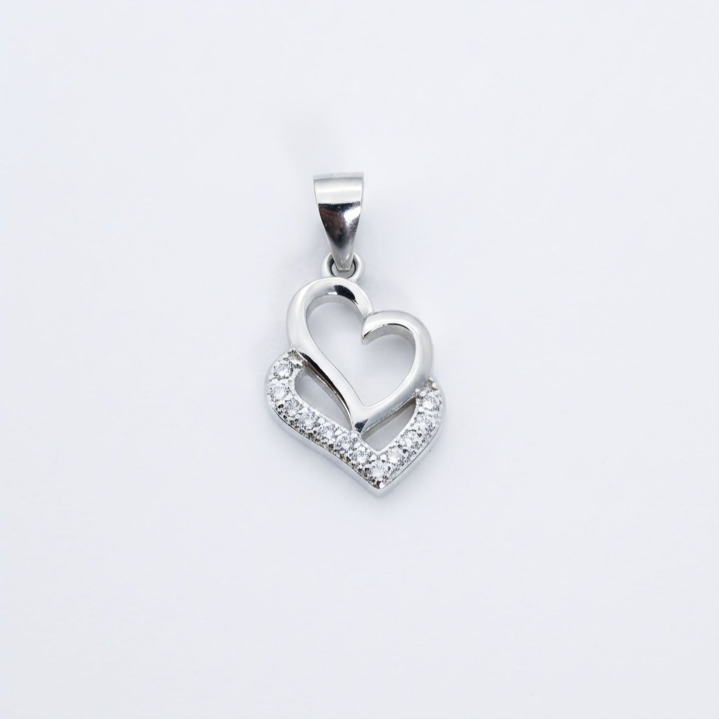 925 Sterling Silver Double Heart Pendant with Pavé Cubic Zirconia