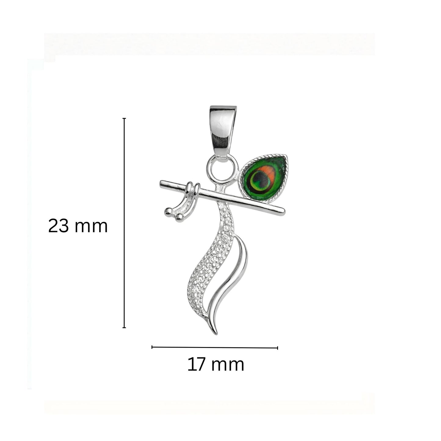 925 Sterling Silver Lord Krishna Flute & Peacock Feather Pendant with Cubic Zirconia