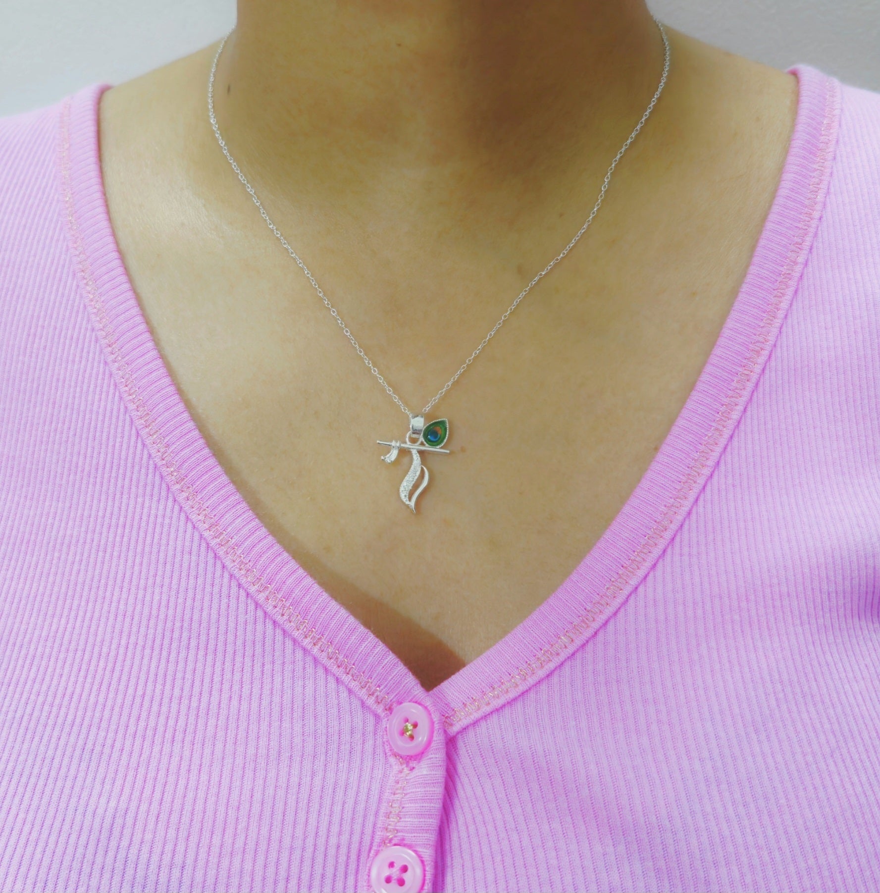 925 Sterling Silver Lord Krishna Flute & Peacock Feather Pendant with Cubic Zirconia