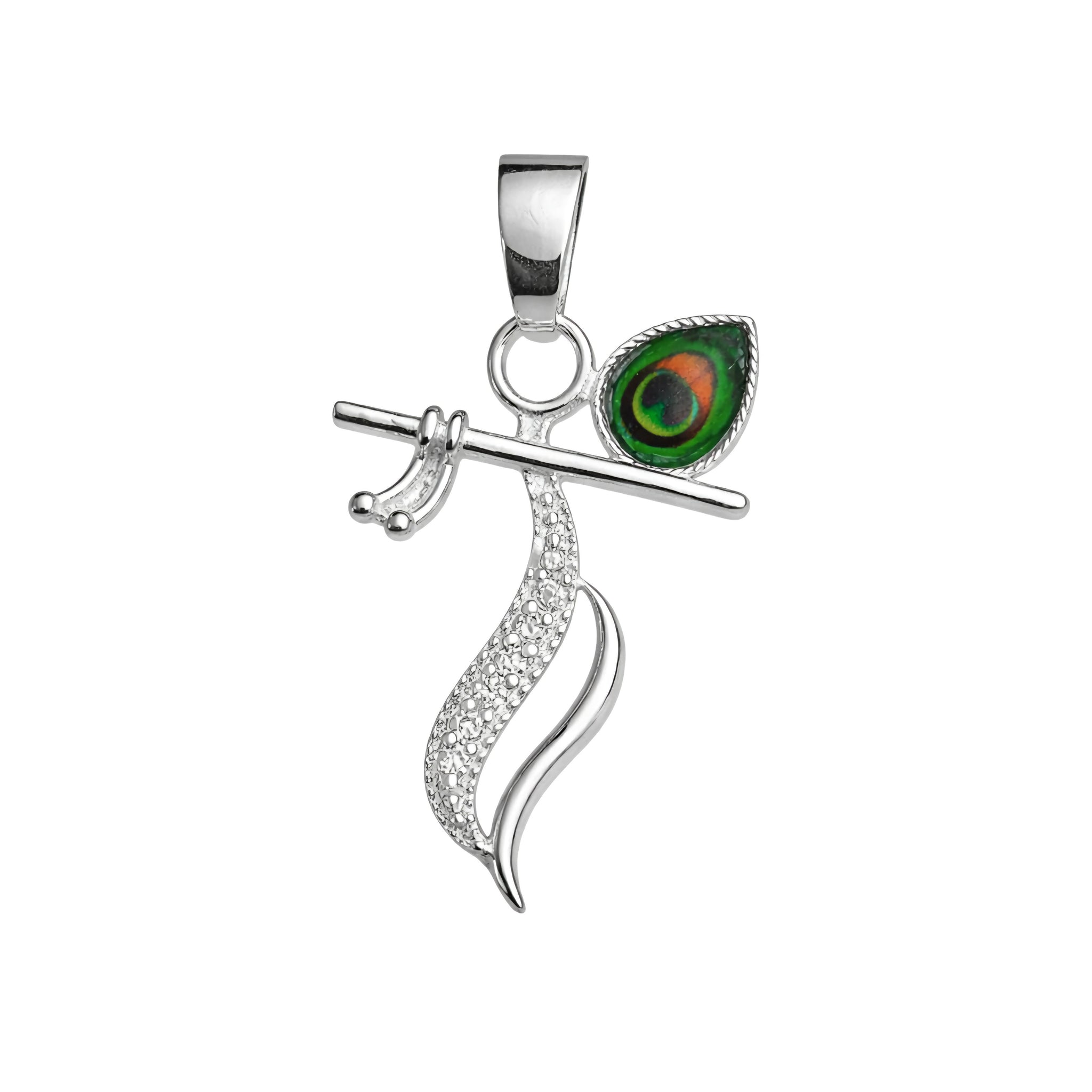 925 Sterling Silver Lord Krishna Flute & Peacock Feather Pendant with Cubic Zirconia