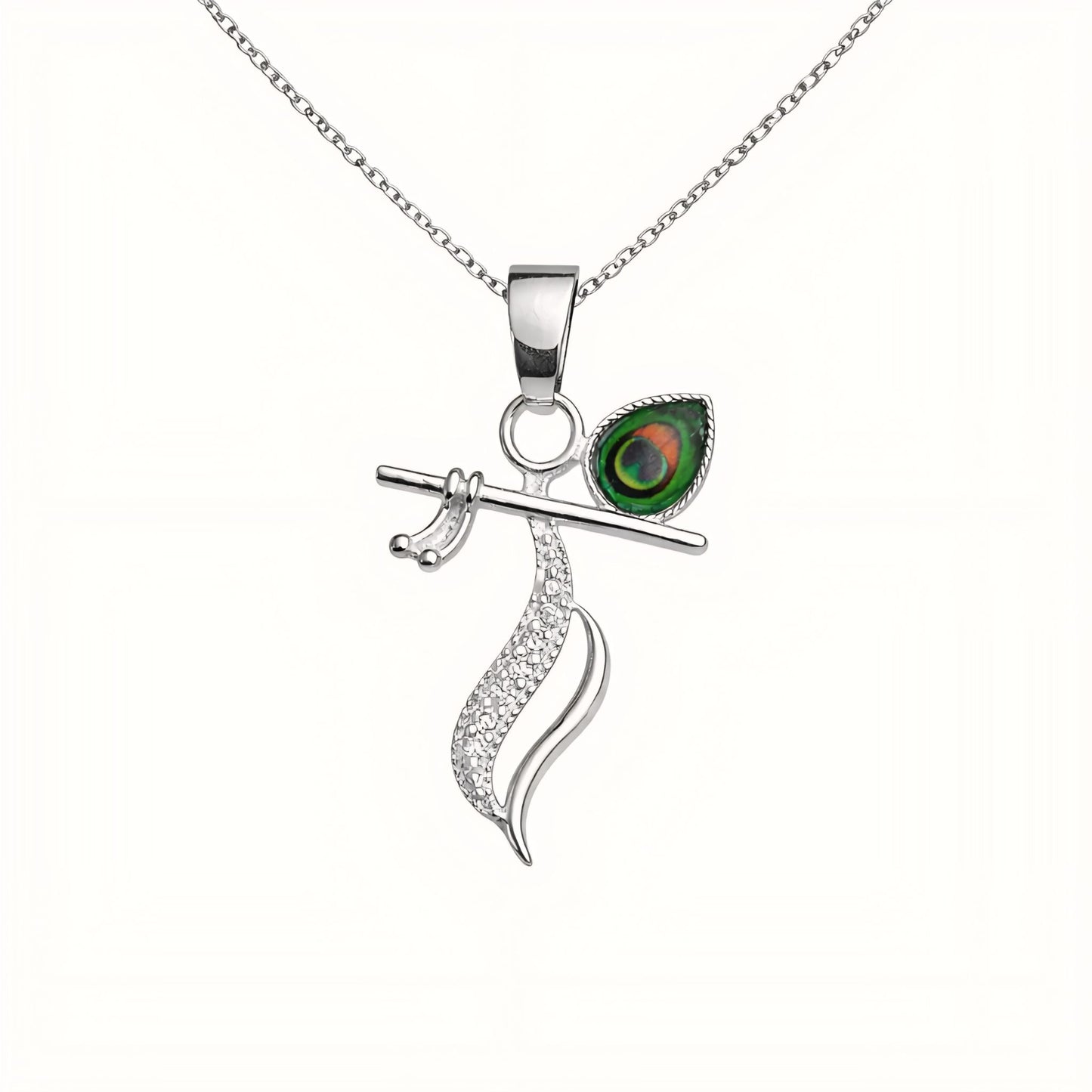 925 Sterling Silver Lord Krishna Flute & Peacock Feather Pendant with Cubic Zirconia