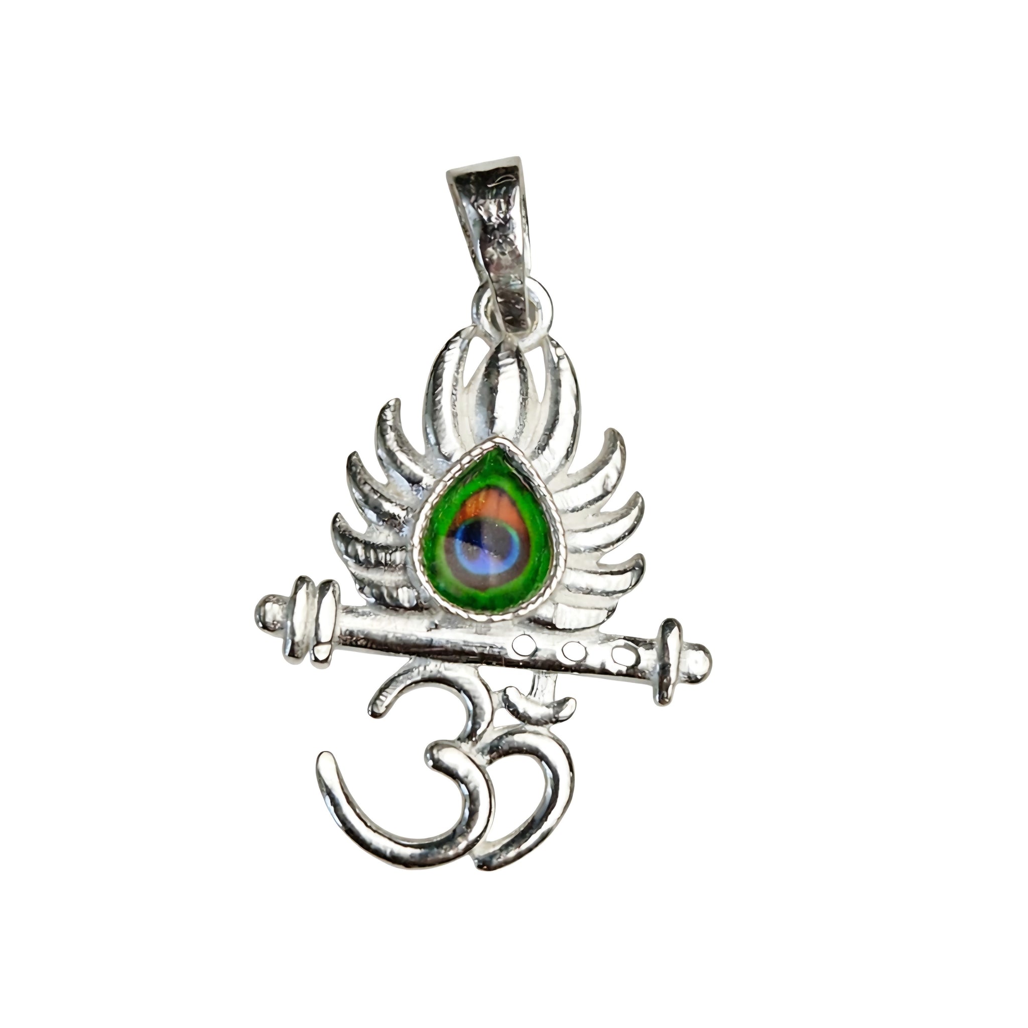 925 Sterling Silver Om, Krishna Flute & Peacock Feather Pendant with Enamel Detailing
