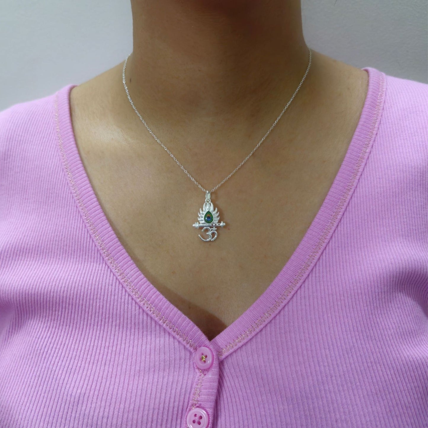 925 Sterling Silver Om, Krishna Flute & Peacock Feather Pendant with Enamel Detailing