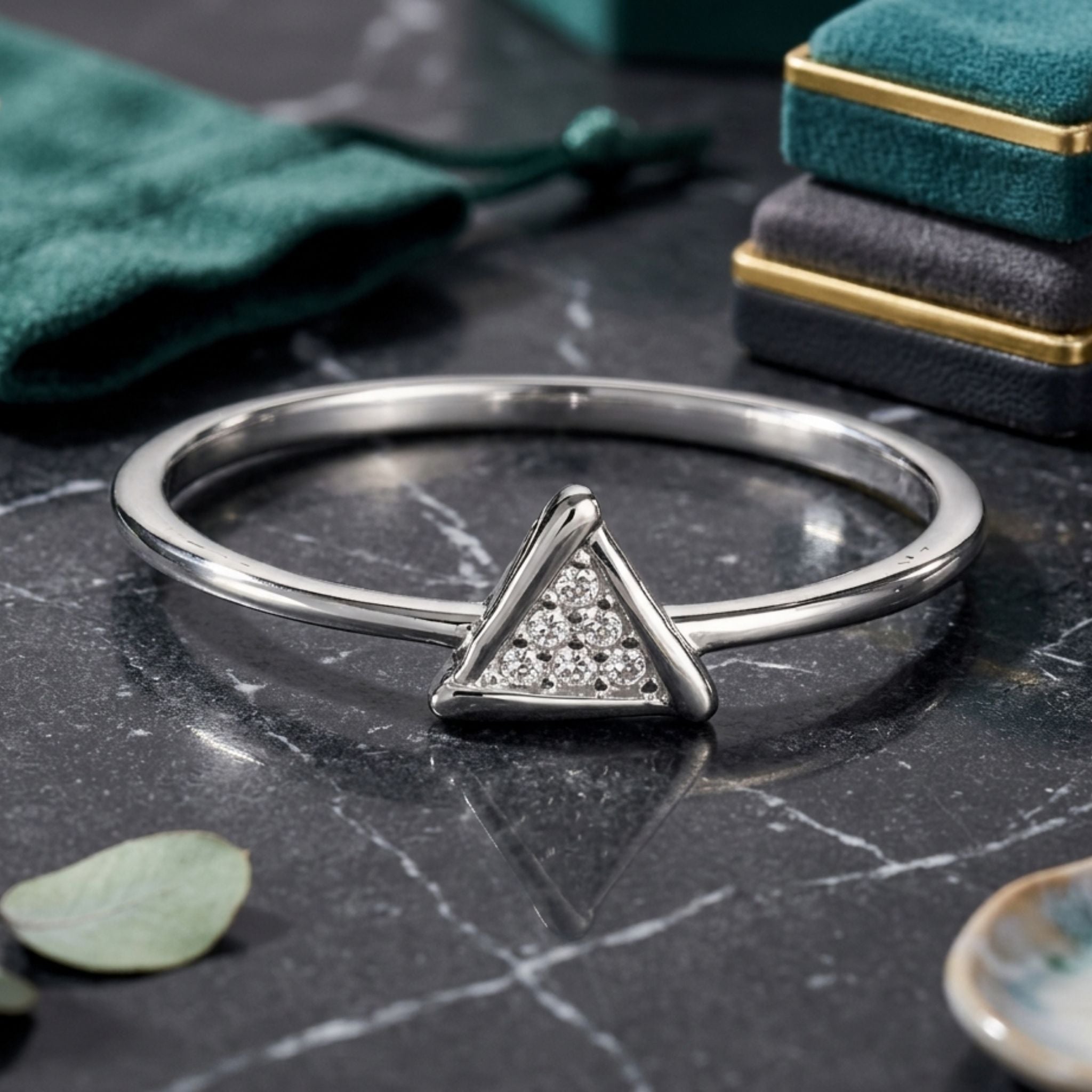 925 Sterling Silver Geometric Triangle Ring with Cubic Zirconia