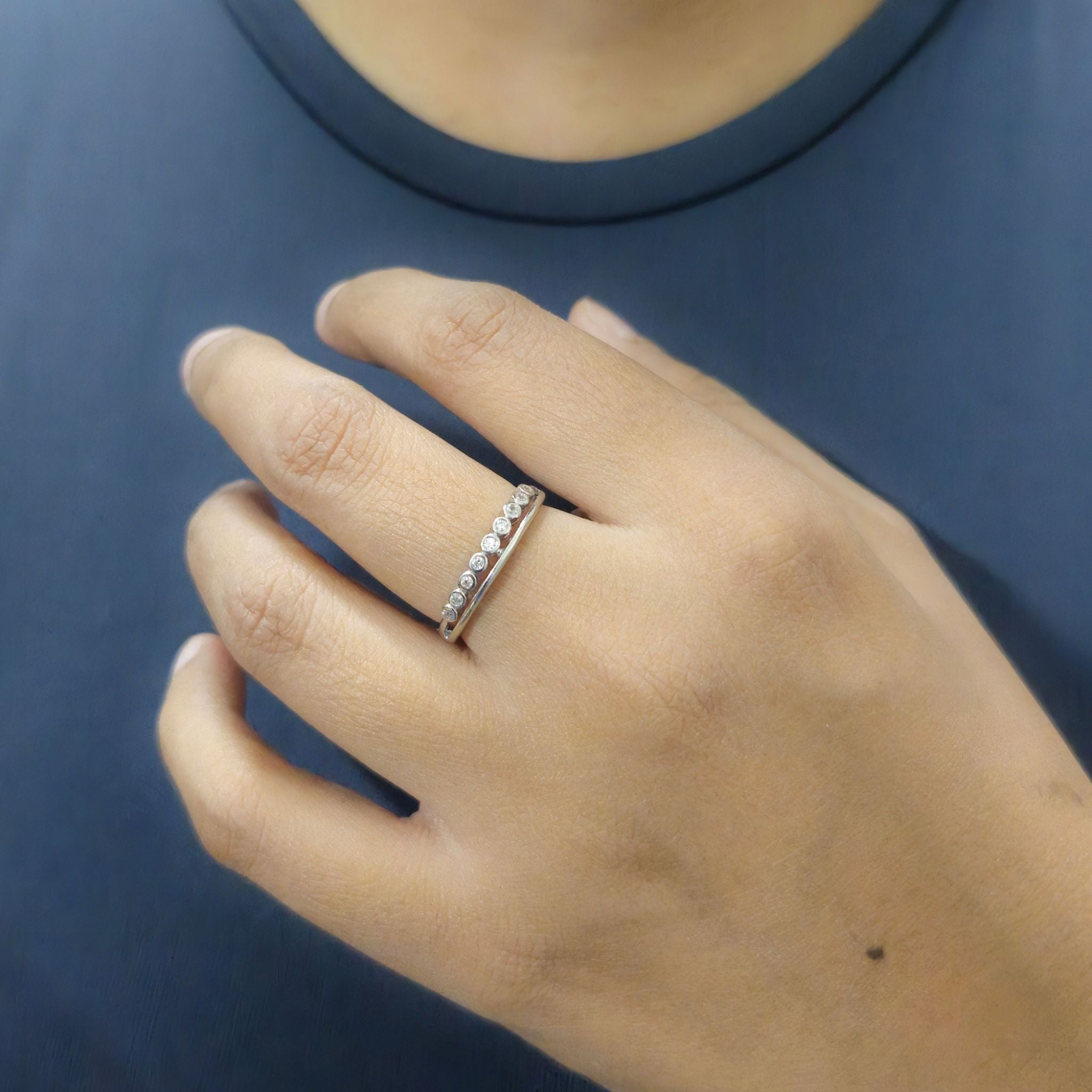 925 Sterling Silver Double-Rail Half Eternity Ring with Bezel-Set Cubic Zirconia