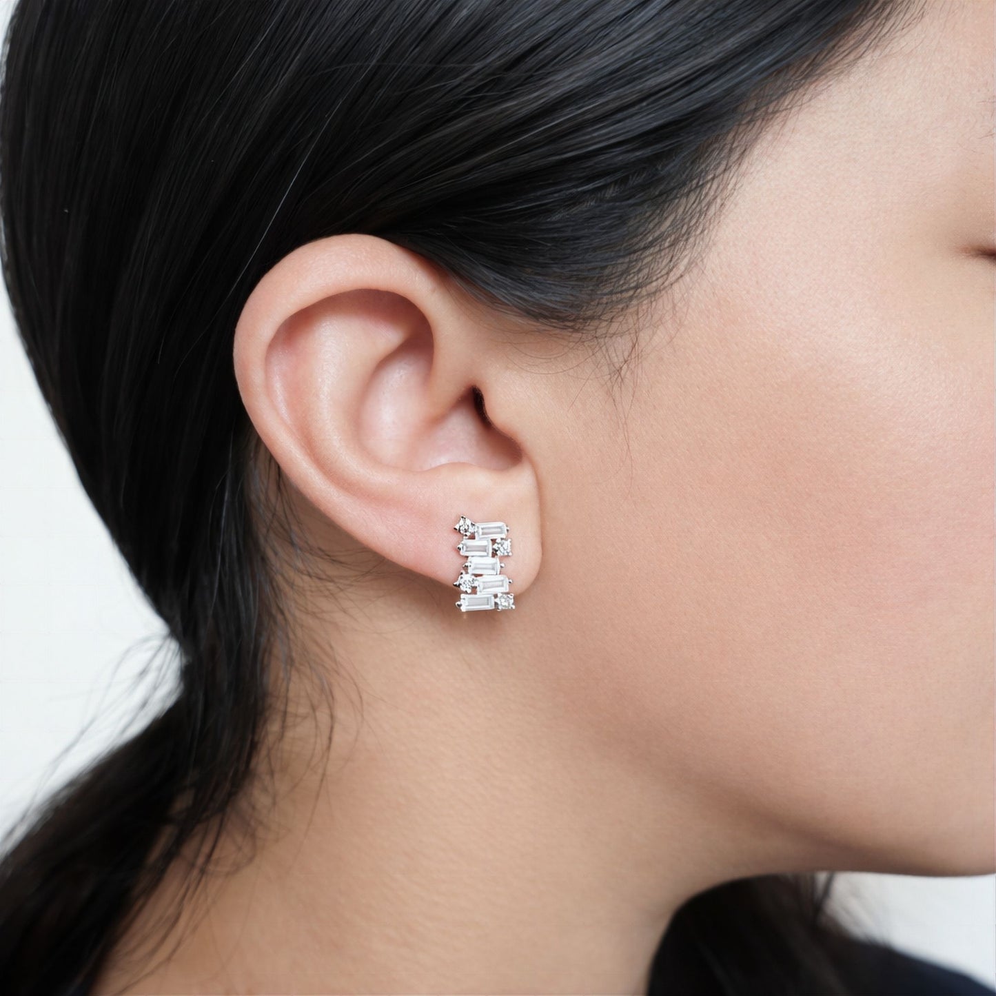 925 Sterling Silver Geometric Bar Stud Earrings With Baguette & Round Cubic Zirconia