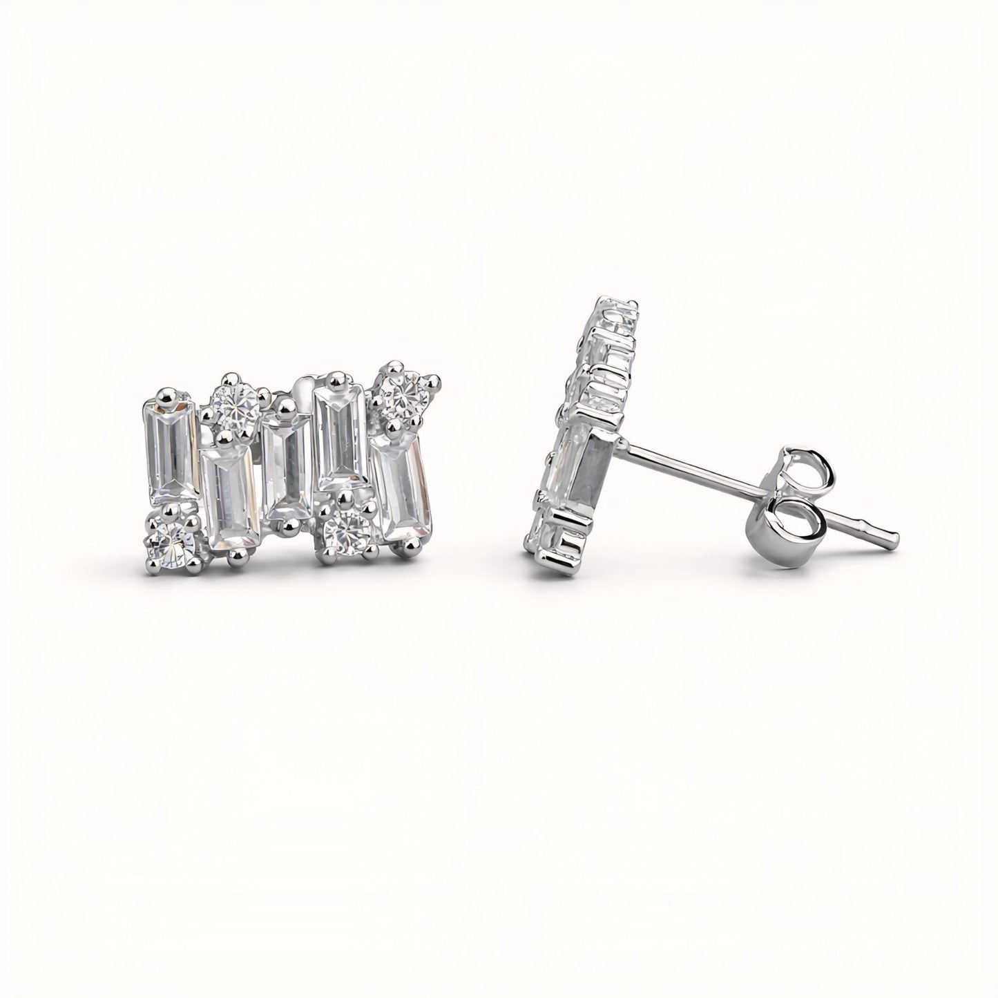 925 Sterling Silver Geometric Bar Stud Earrings With Baguette & Round Cubic Zirconia