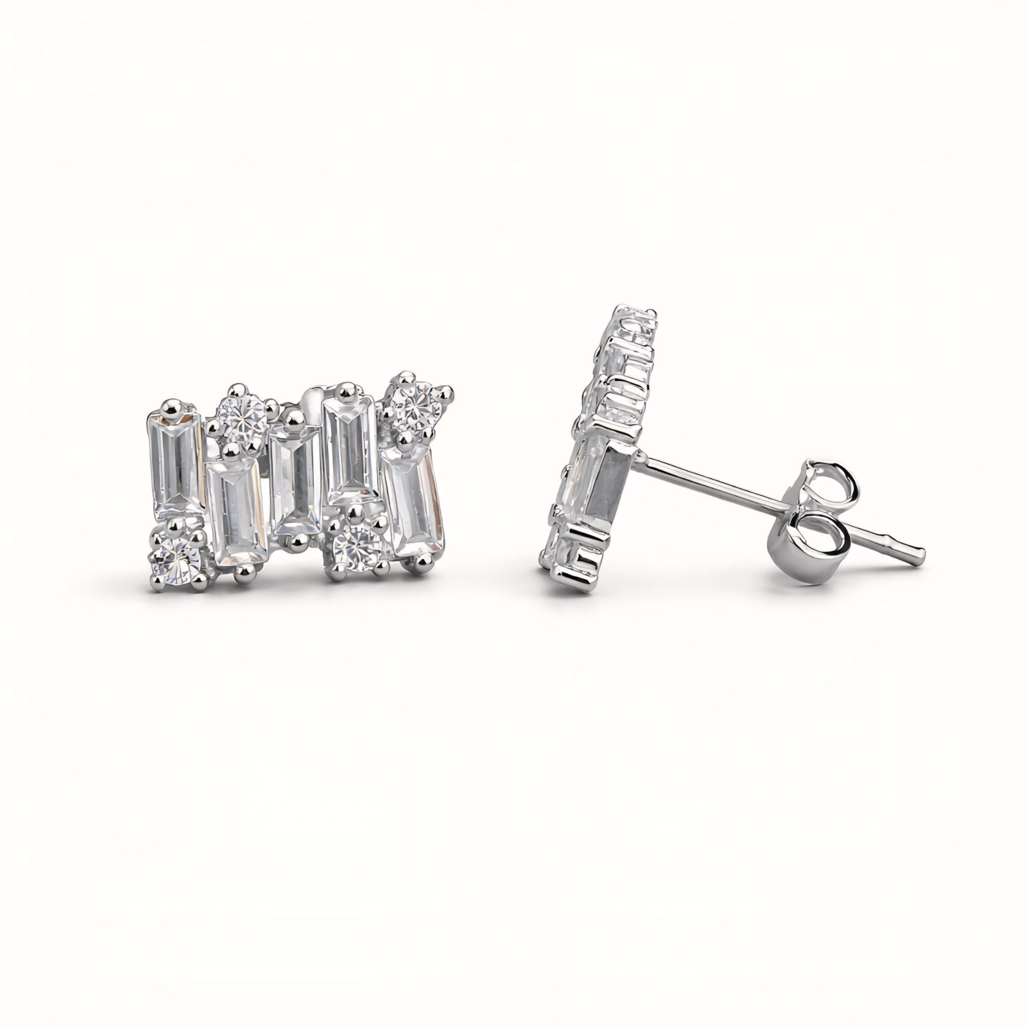 925 Sterling Silver Geometric Bar Stud Earrings With Baguette & Round Cubic Zirconia