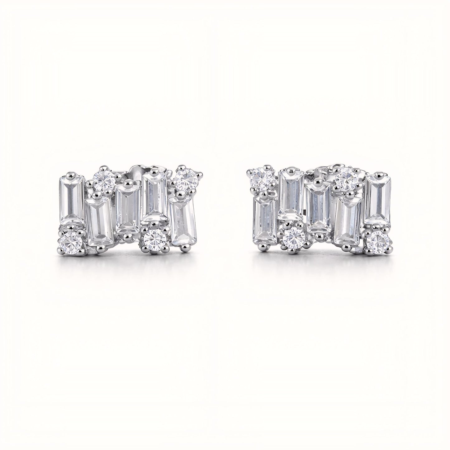 925 Sterling Silver Geometric Bar Stud Earrings With Baguette & Round Cubic Zirconia