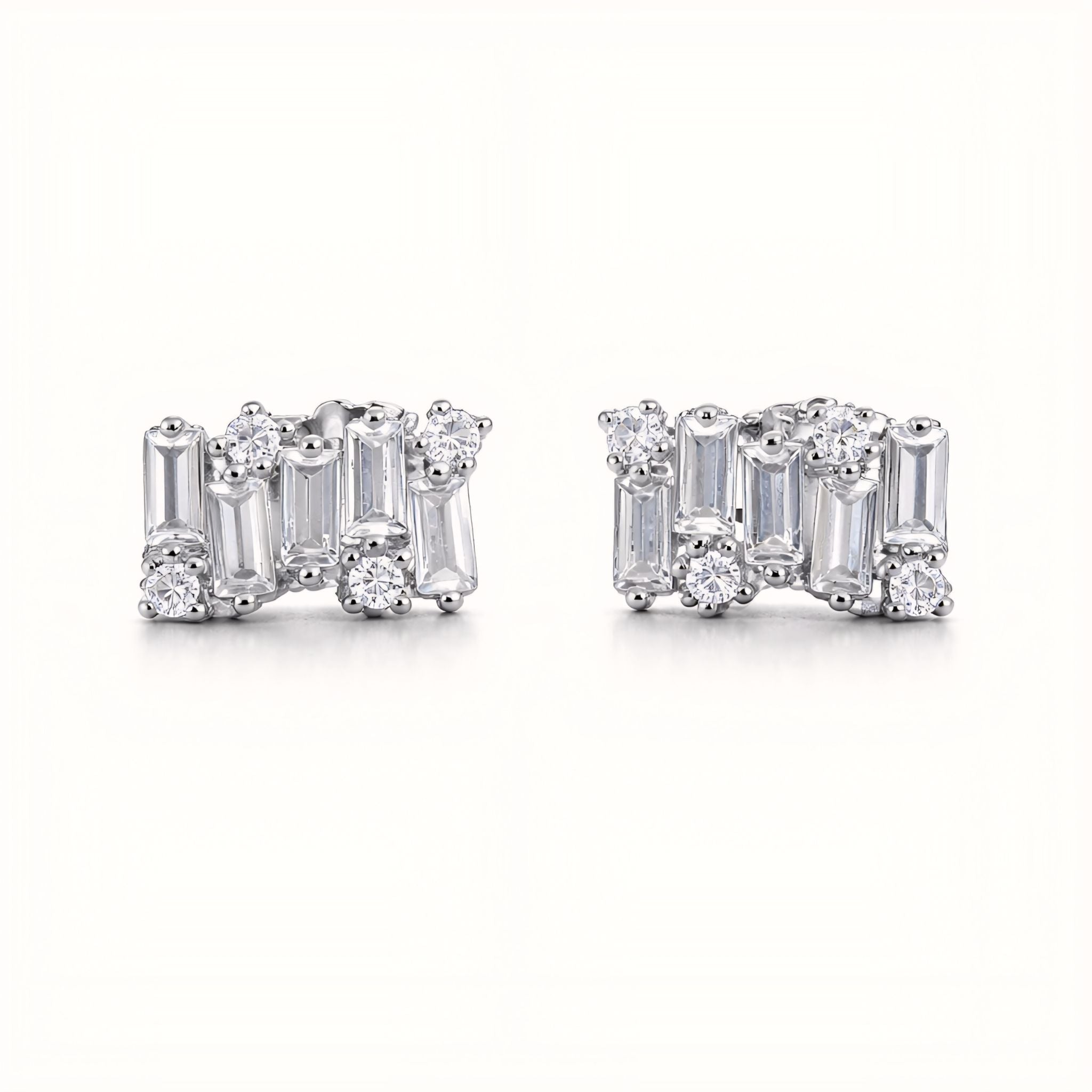 925 Sterling Silver Geometric Bar Stud Earrings With Baguette & Round Cubic Zirconia