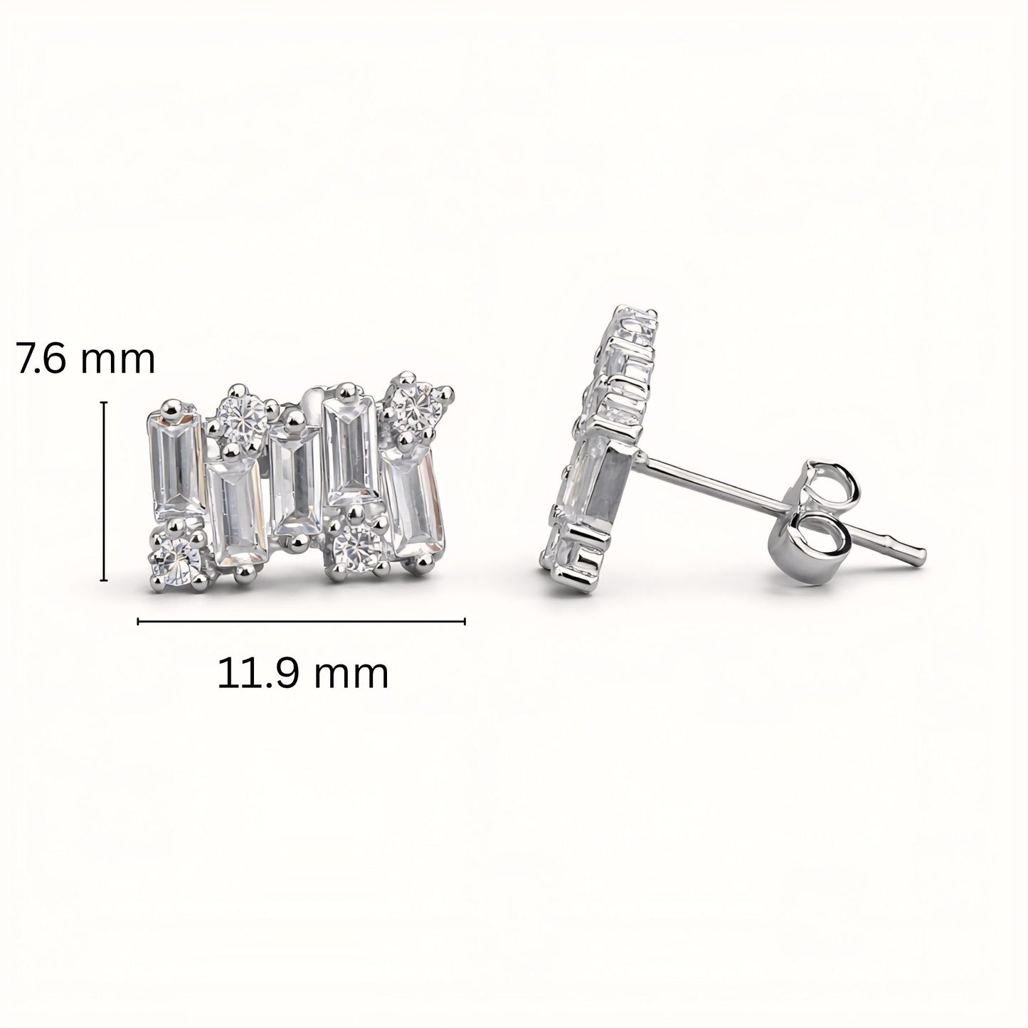 925 Sterling Silver Geometric Bar Stud Earrings With Baguette & Round Cubic Zirconia