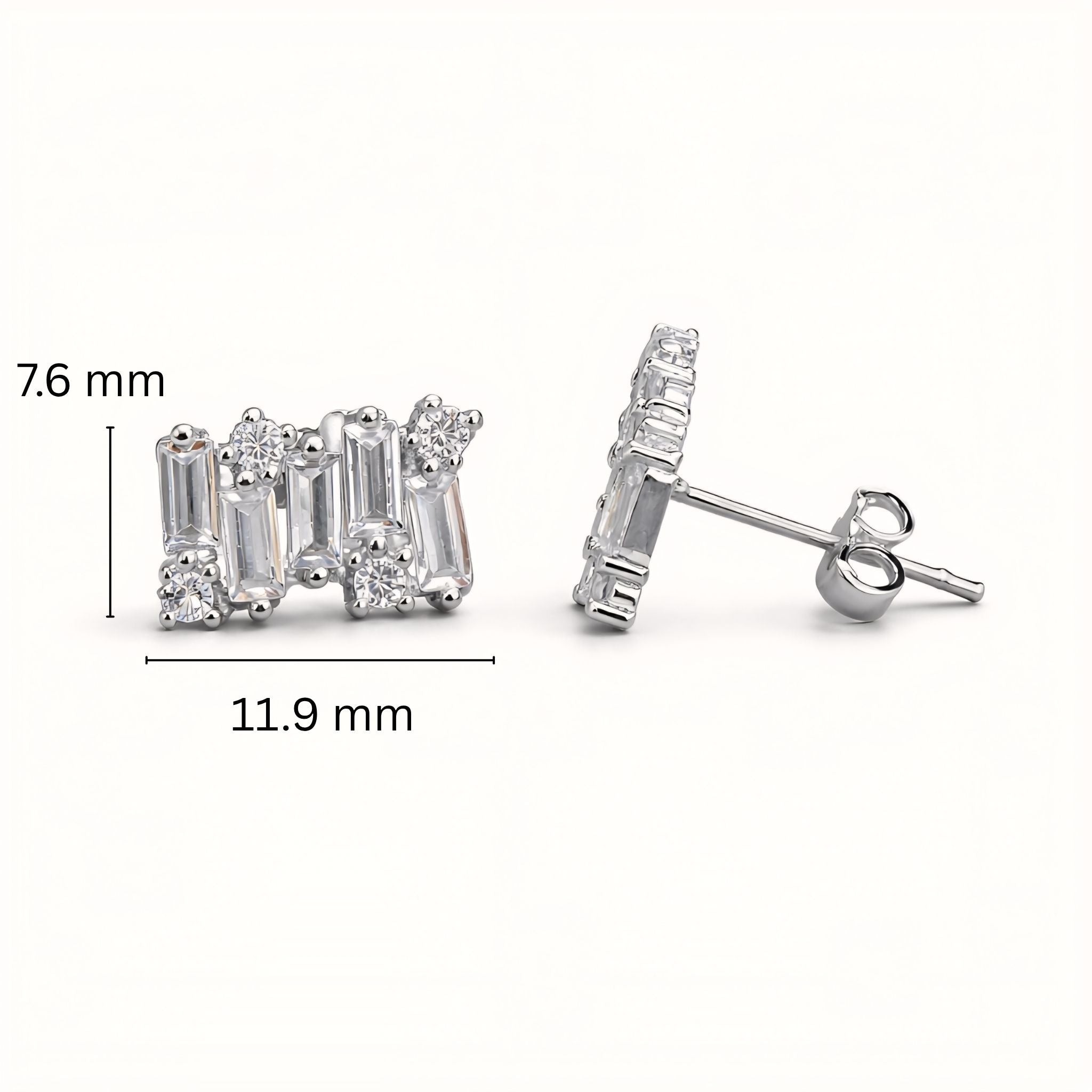 925 Sterling Silver Geometric Bar Stud Earrings With Baguette & Round Cubic Zirconia