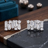 925 Sterling Silver Geometric Bar Stud Earrings With Baguette & Round Cubic Zirconia