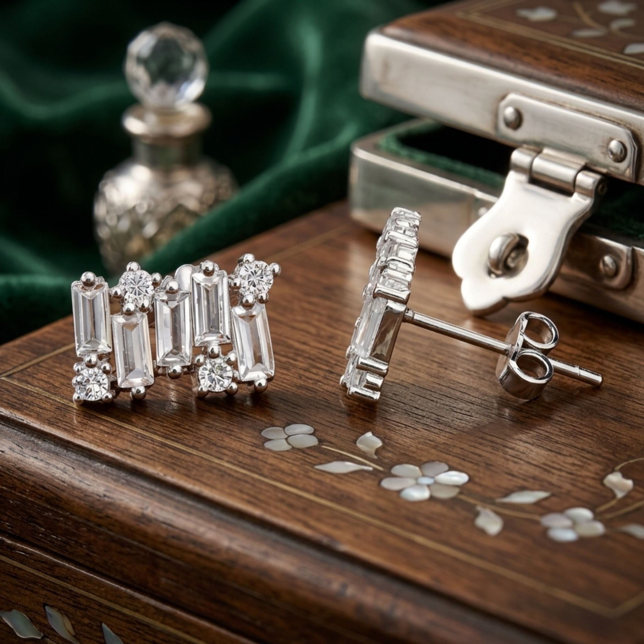 925 Sterling Silver Geometric Bar Stud Earrings With Baguette & Round Cubic Zirconia