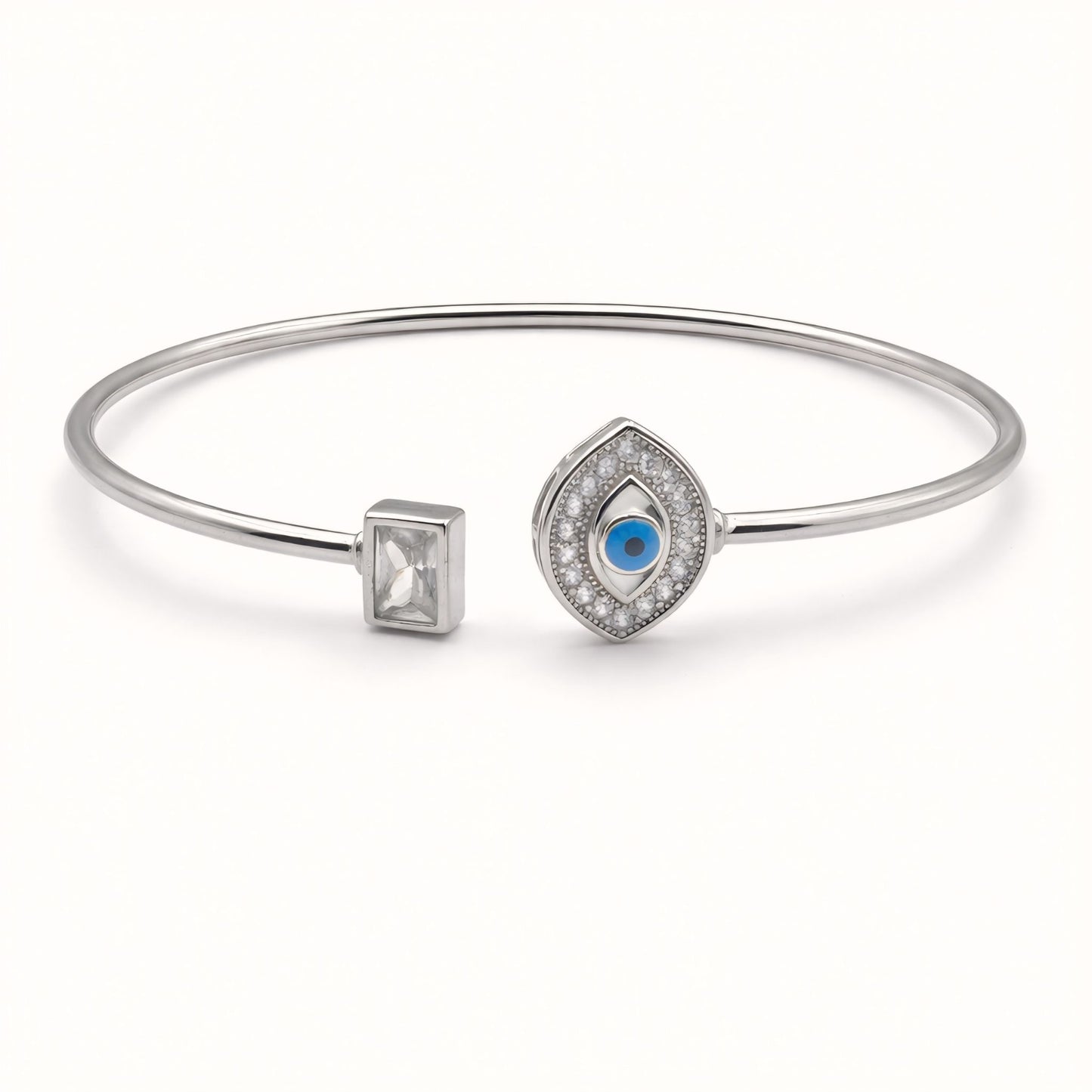 925 Silver Flexible Open Cuff Kada with Evil Eye and Cubic Zirconia