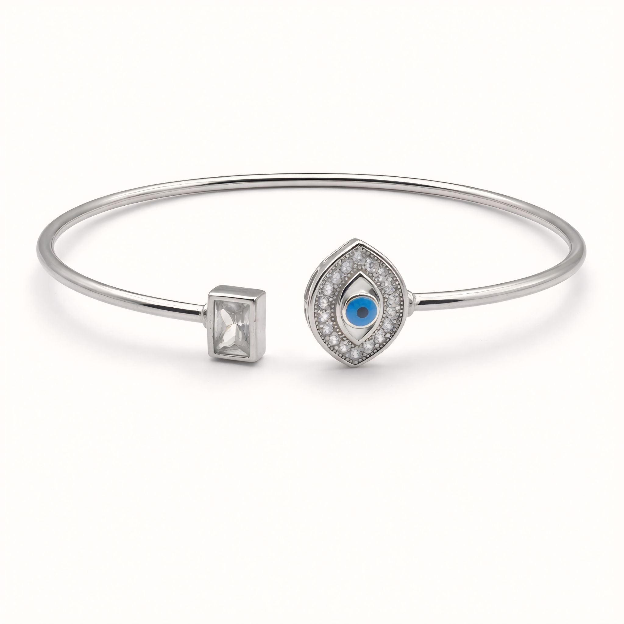 925 Silver Flexible Open Cuff Kada with Evil Eye and Cubic Zirconia
