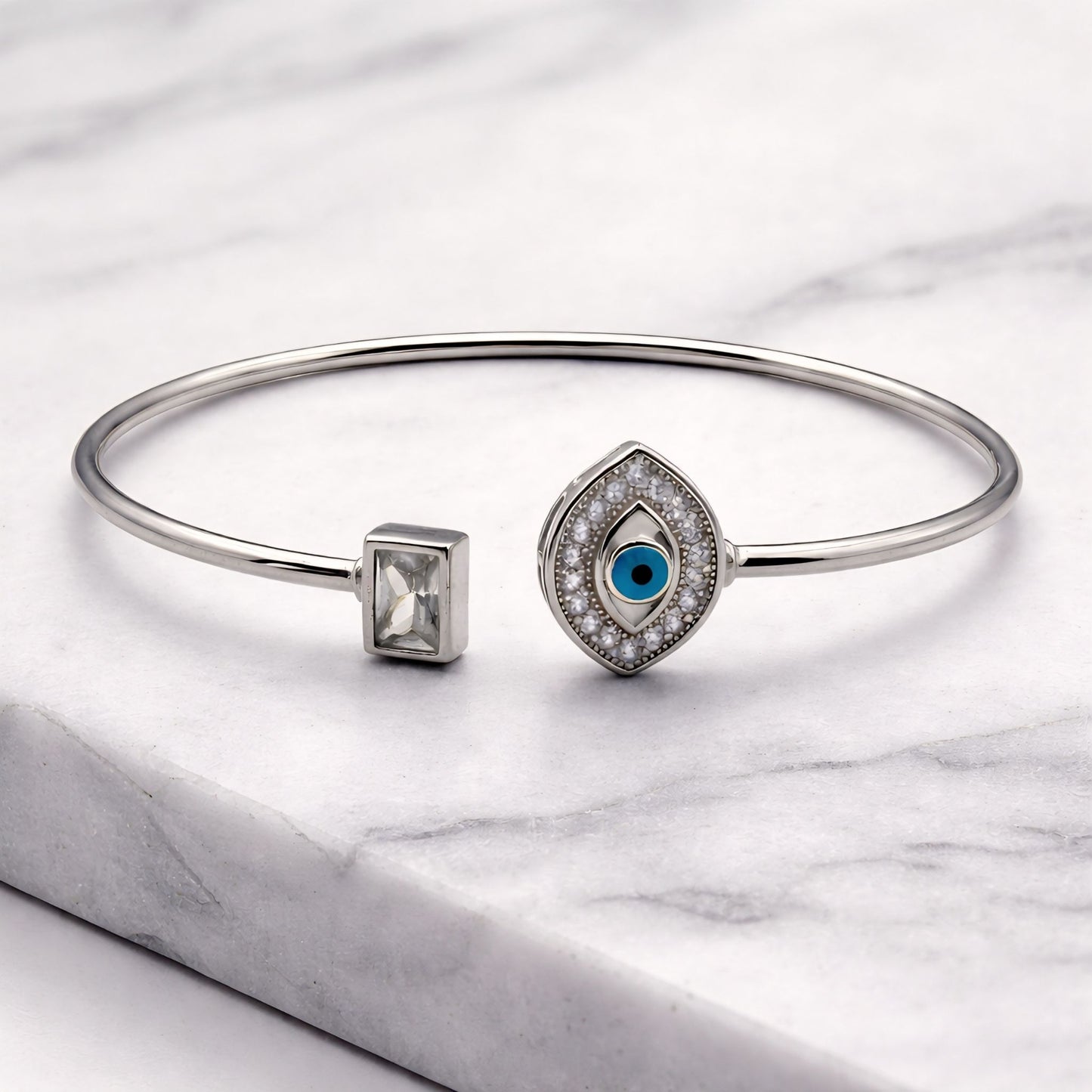 925 Silver Flexible Open Cuff Kada with Evil Eye and Cubic Zirconia