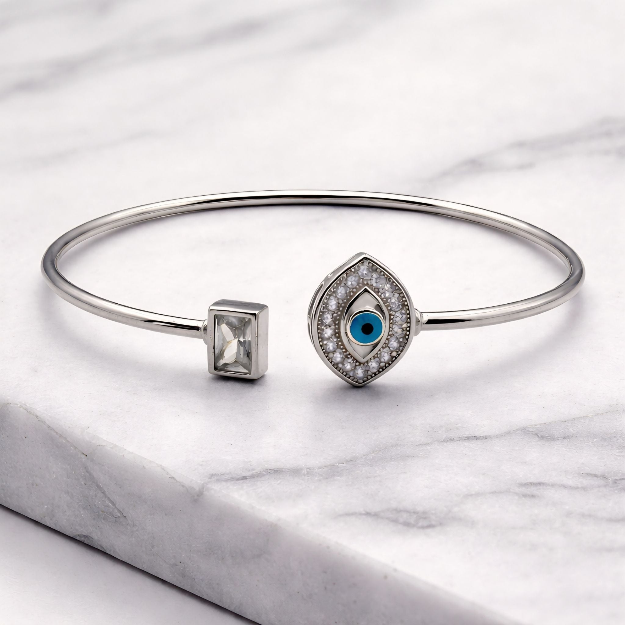 925 Silver Flexible Open Cuff Kada with Evil Eye and Cubic Zirconia