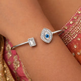 925 Silver Flexible Open Cuff Kada with Evil Eye and Cubic Zirconia