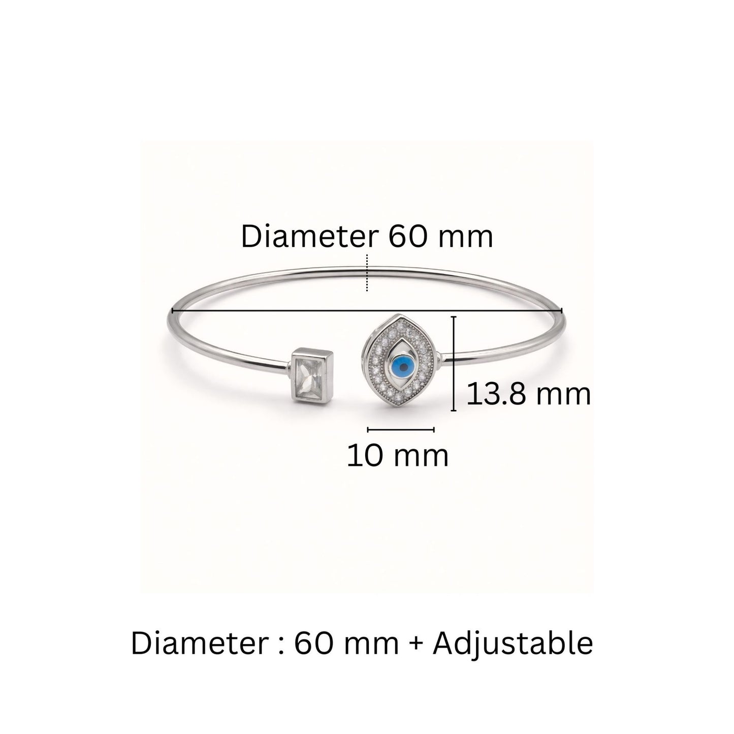 925 Silver Flexible Open Cuff Kada with Evil Eye and Cubic Zirconia