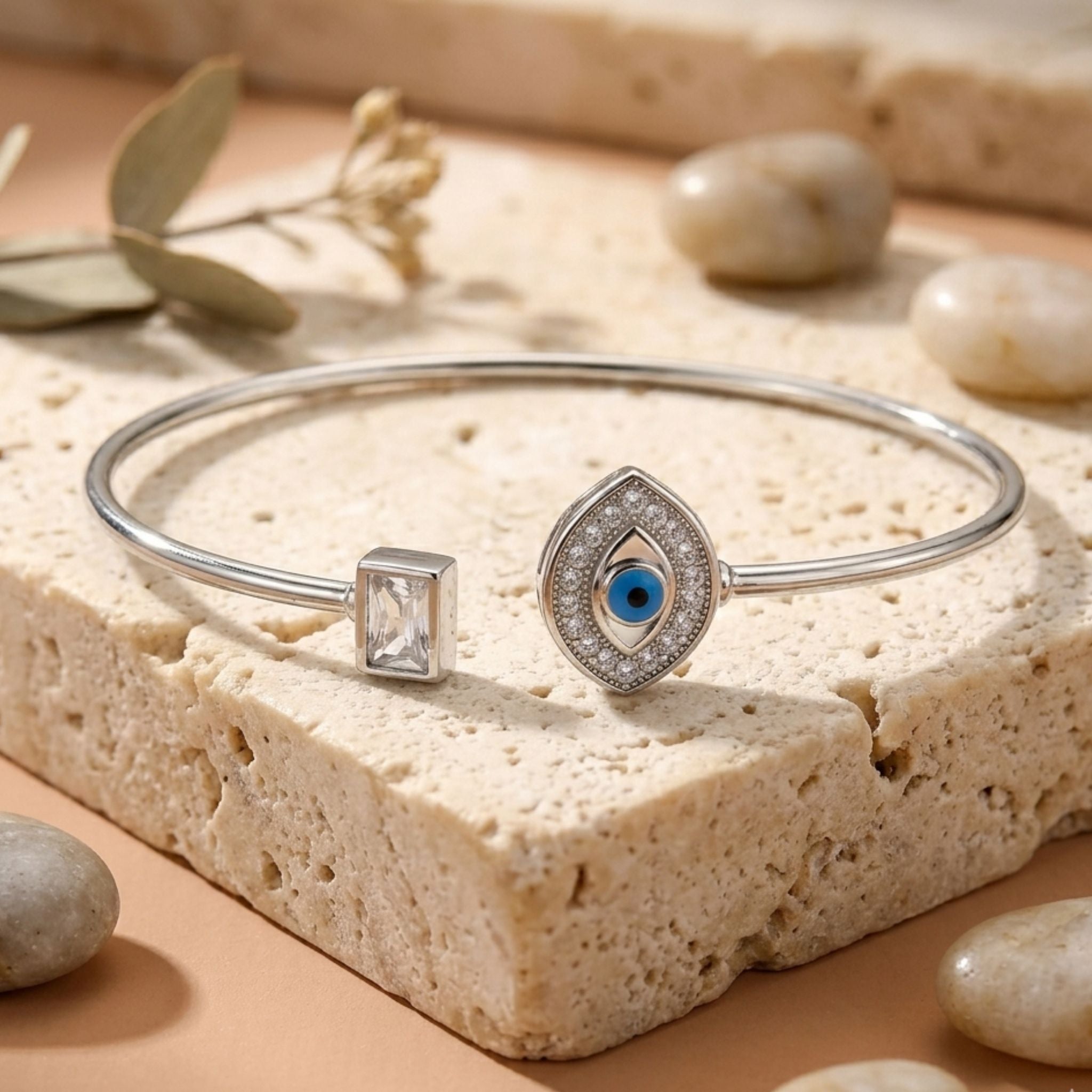 925 Silver Flexible Open Cuff Kada with Evil Eye and Cubic Zirconia