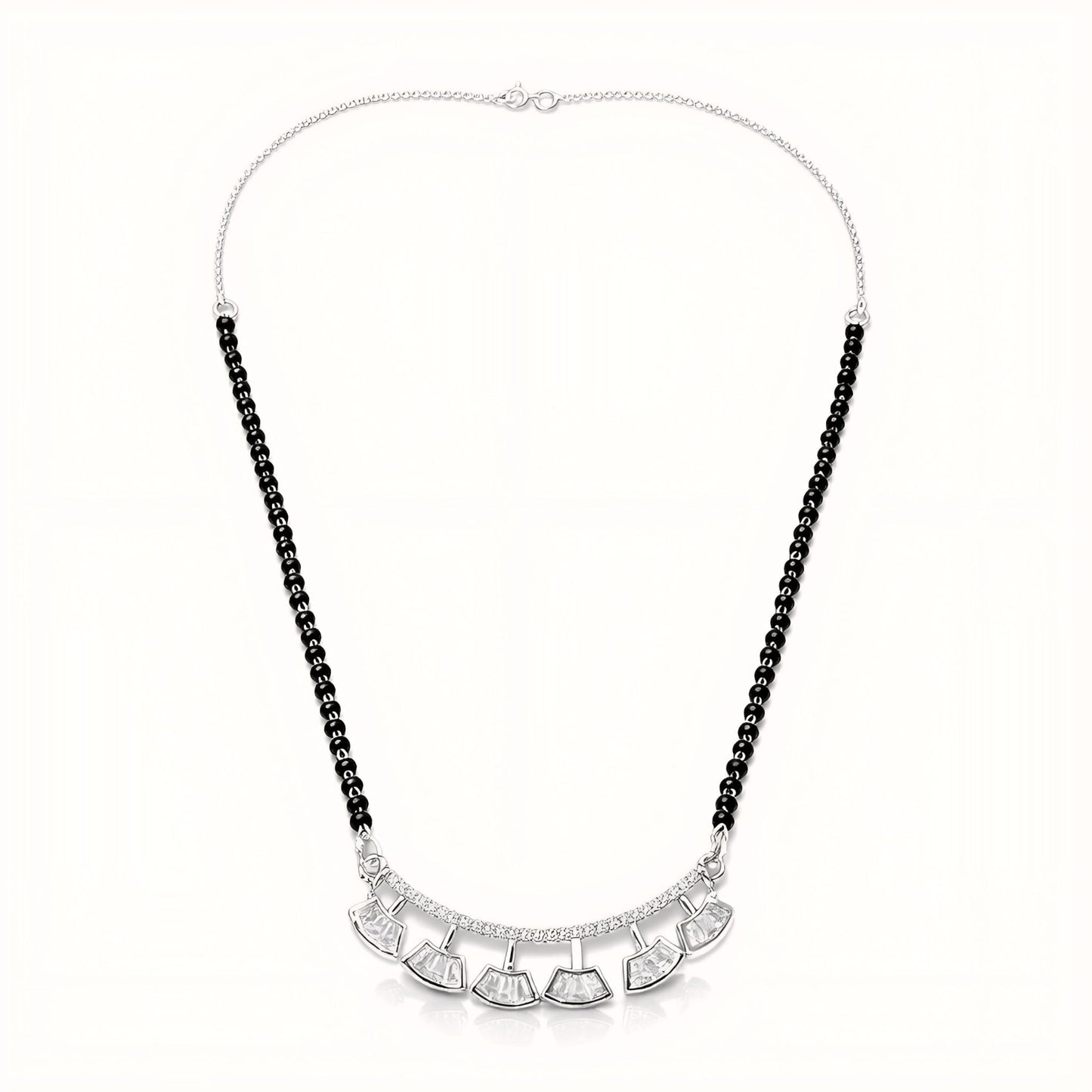 925 Sterling Silver Five Fan Mangalsutra – Cubic Zirconia Black Beaded Necklace