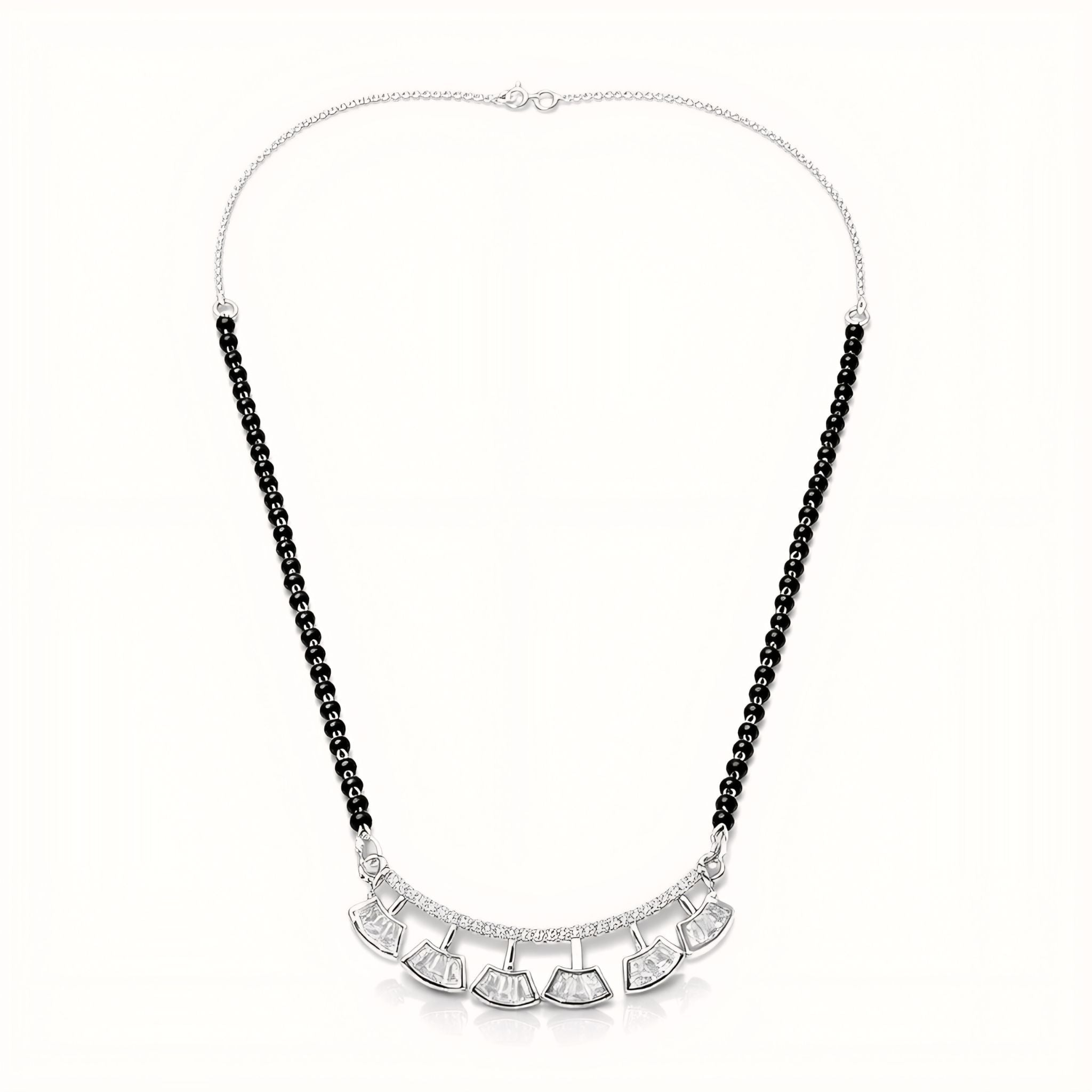 925 Sterling Silver Five Fan Mangalsutra – Cubic Zirconia Black Beaded Necklace