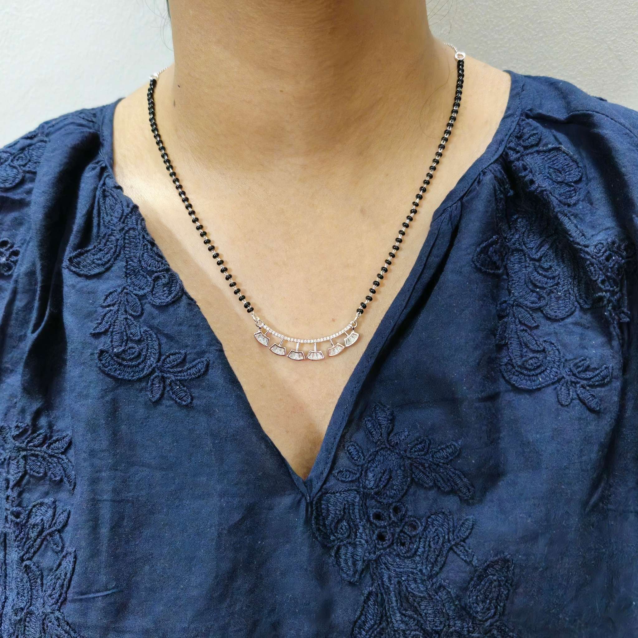 925 Sterling Silver Five Fan Mangalsutra – Cubic Zirconia Black Beaded Necklace