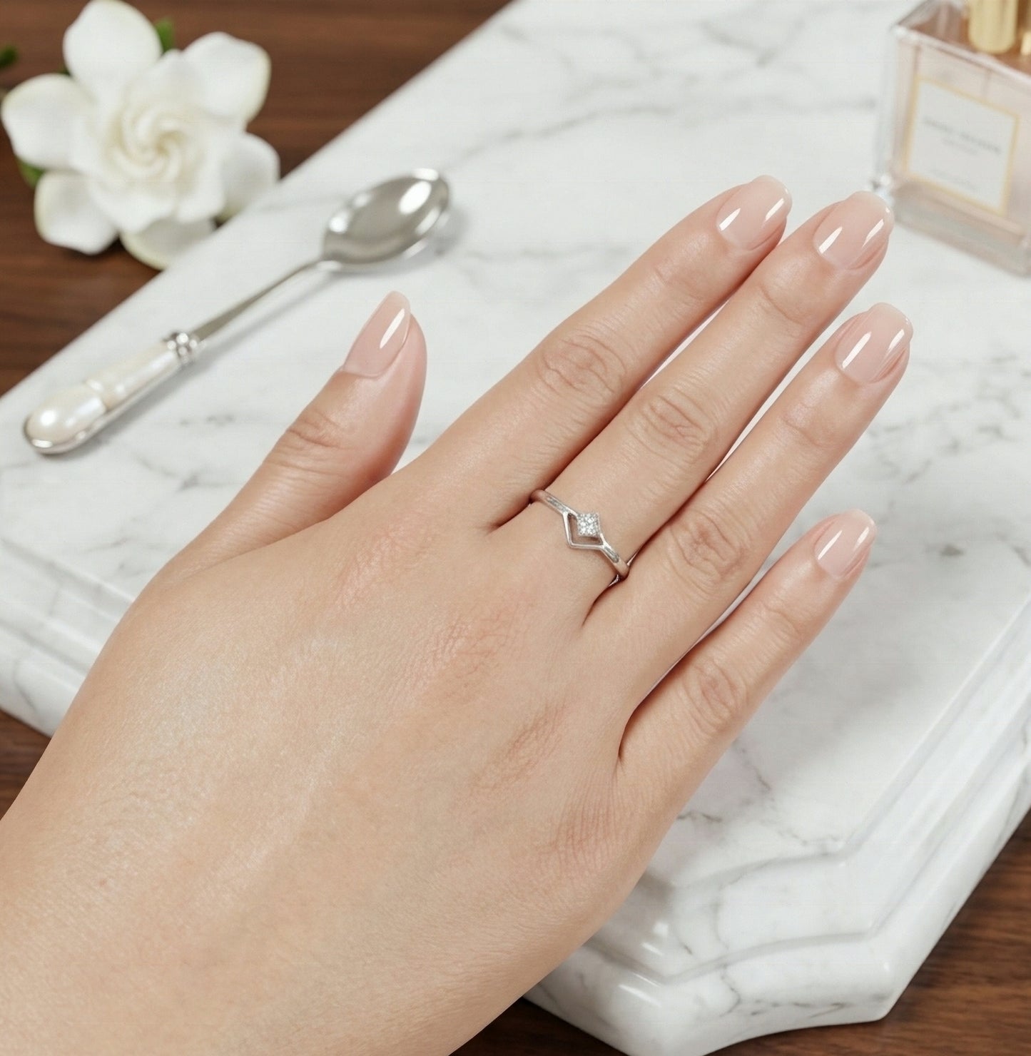 925 Sterling Silver Chevron Geometric Ring with Cubic Zirconia