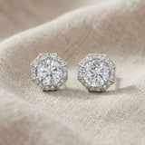 925 Sterling Silver Octagonal Halo Stud Earrings With Round Cubic Zirconia Solitaire