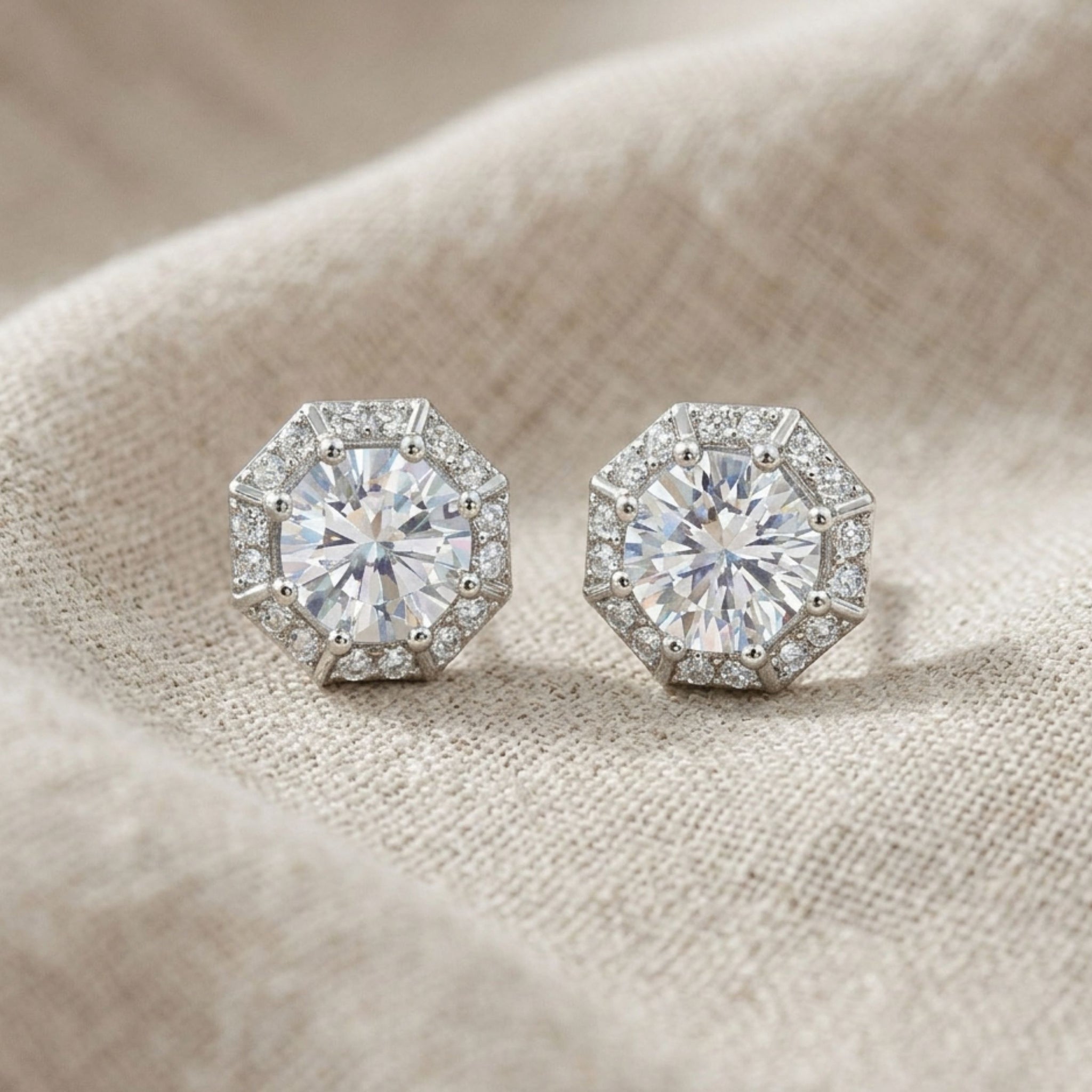 925 Sterling Silver Octagonal Halo Stud Earrings With Round Cubic Zirconia Solitaire