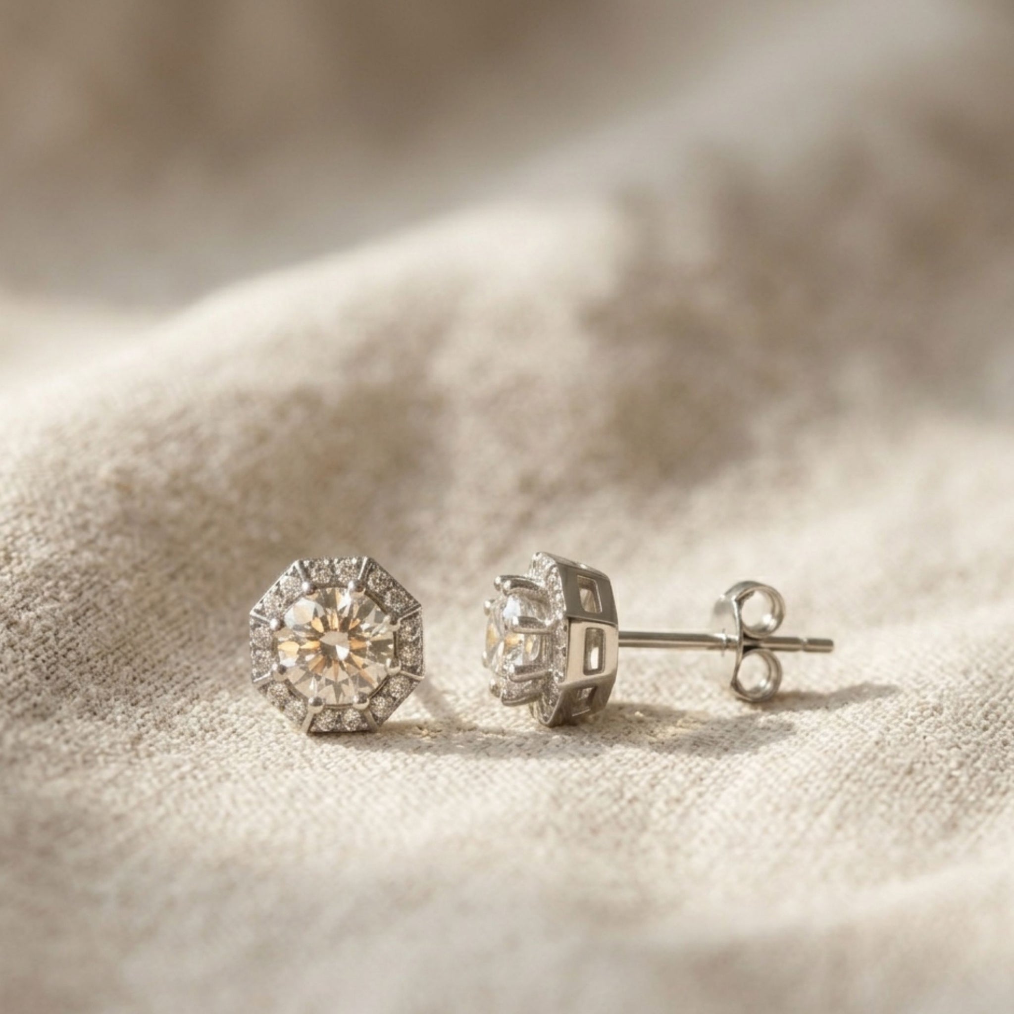 925 Sterling Silver Octagonal Halo Stud Earrings With Round Cubic Zirconia Solitaire