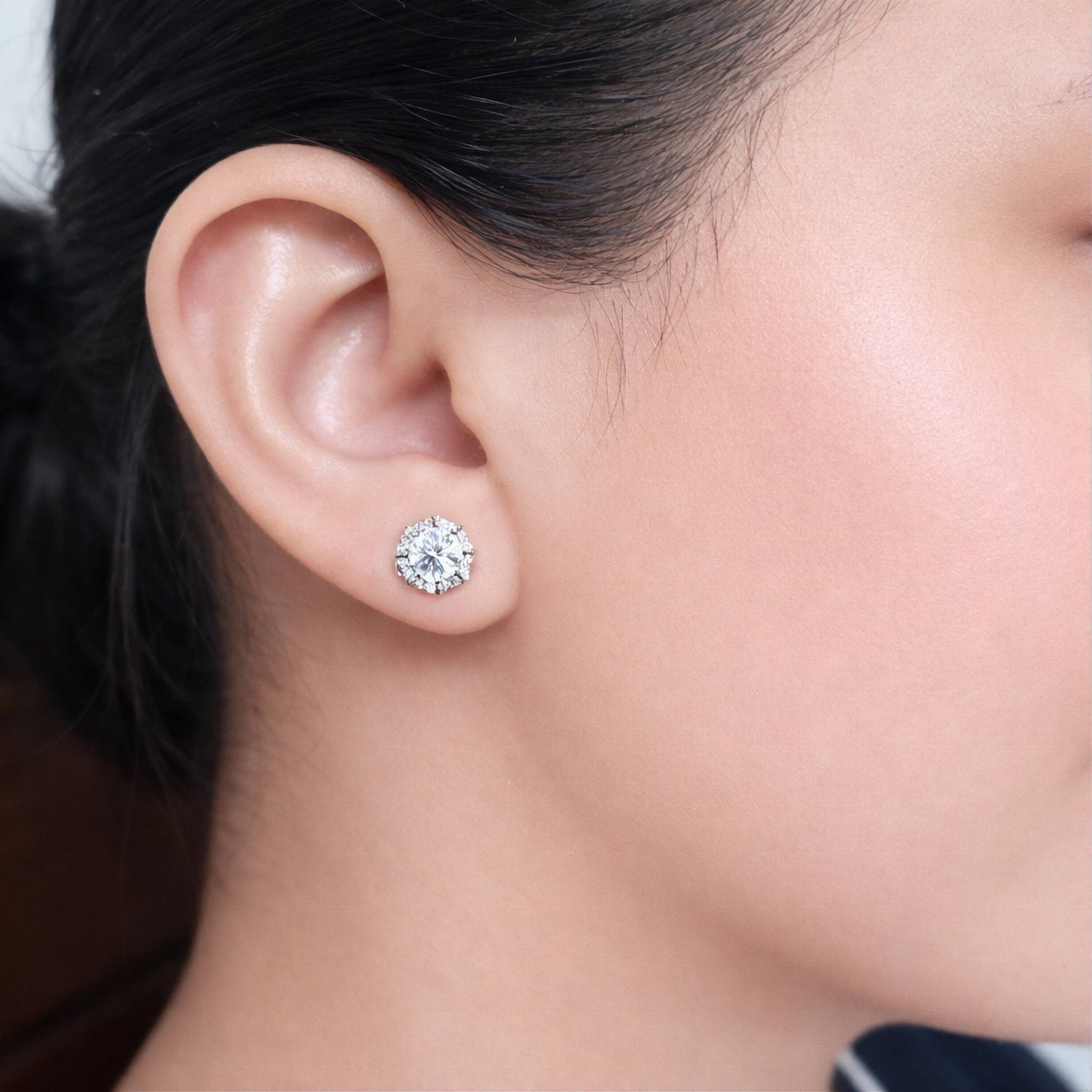 925 Sterling Silver Octagonal Halo Stud Earrings With Round Cubic Zirconia Solitaire