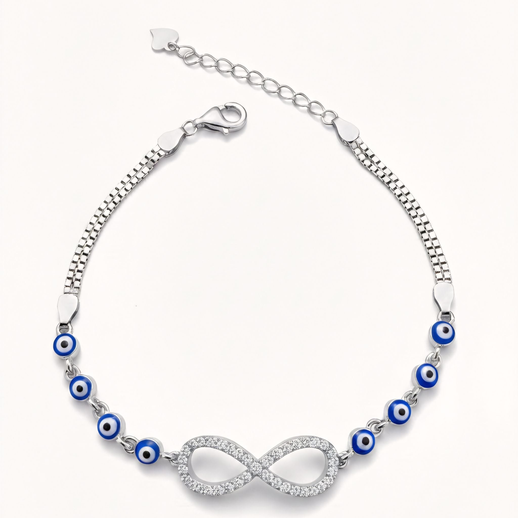 925 Sterling Silver Evil Eye Chain Bracelet with Sparkling Infinity Centerpiece