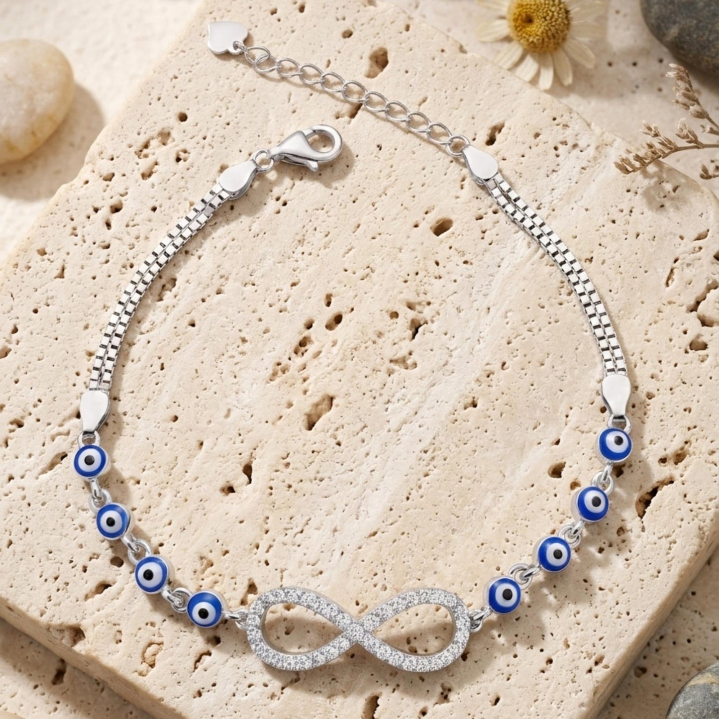 925 Sterling Silver Evil Eye Chain Bracelet with Sparkling Infinity Centerpiece