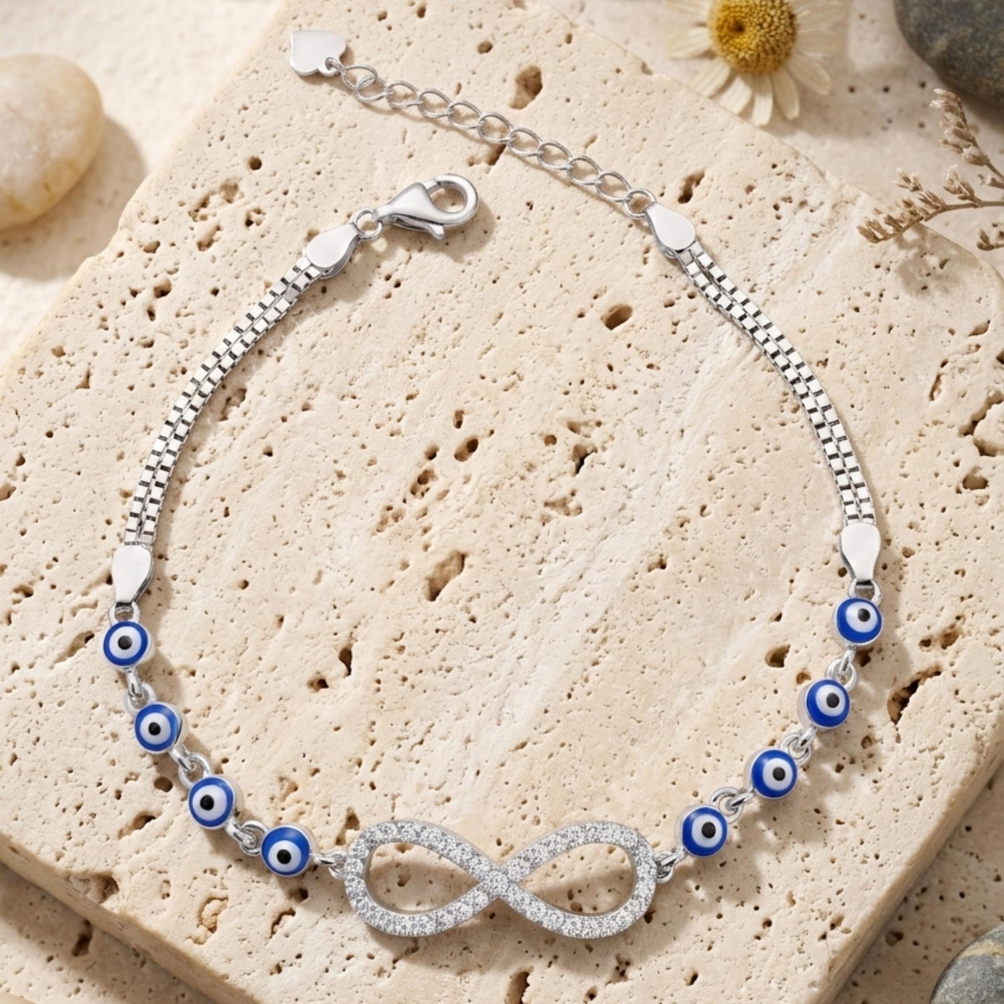 925 Sterling Silver Evil Eye Chain Bracelet with Sparkling Infinity Centerpiece