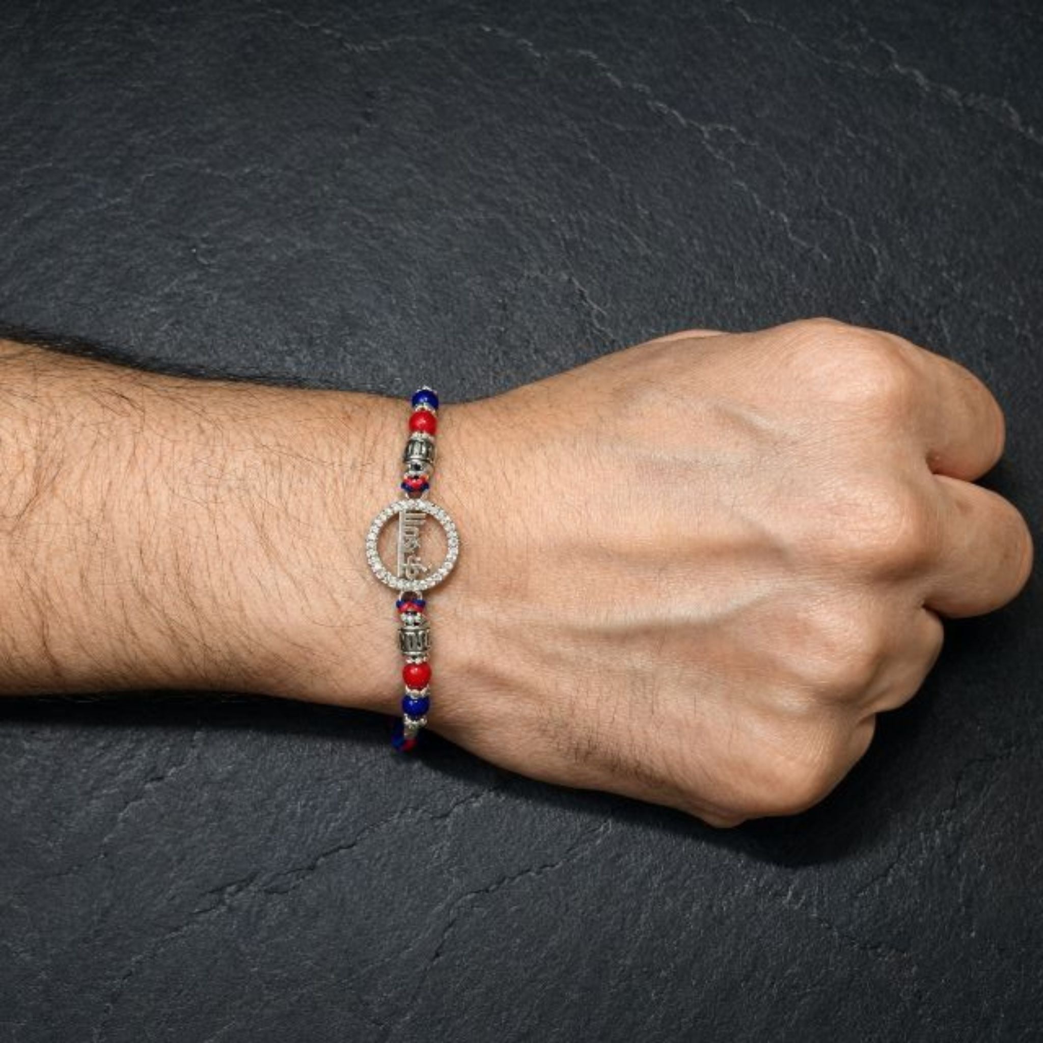 925 Sterling Silver 'कृष्णI' Rakhi with CZ Halo & Designer Beads