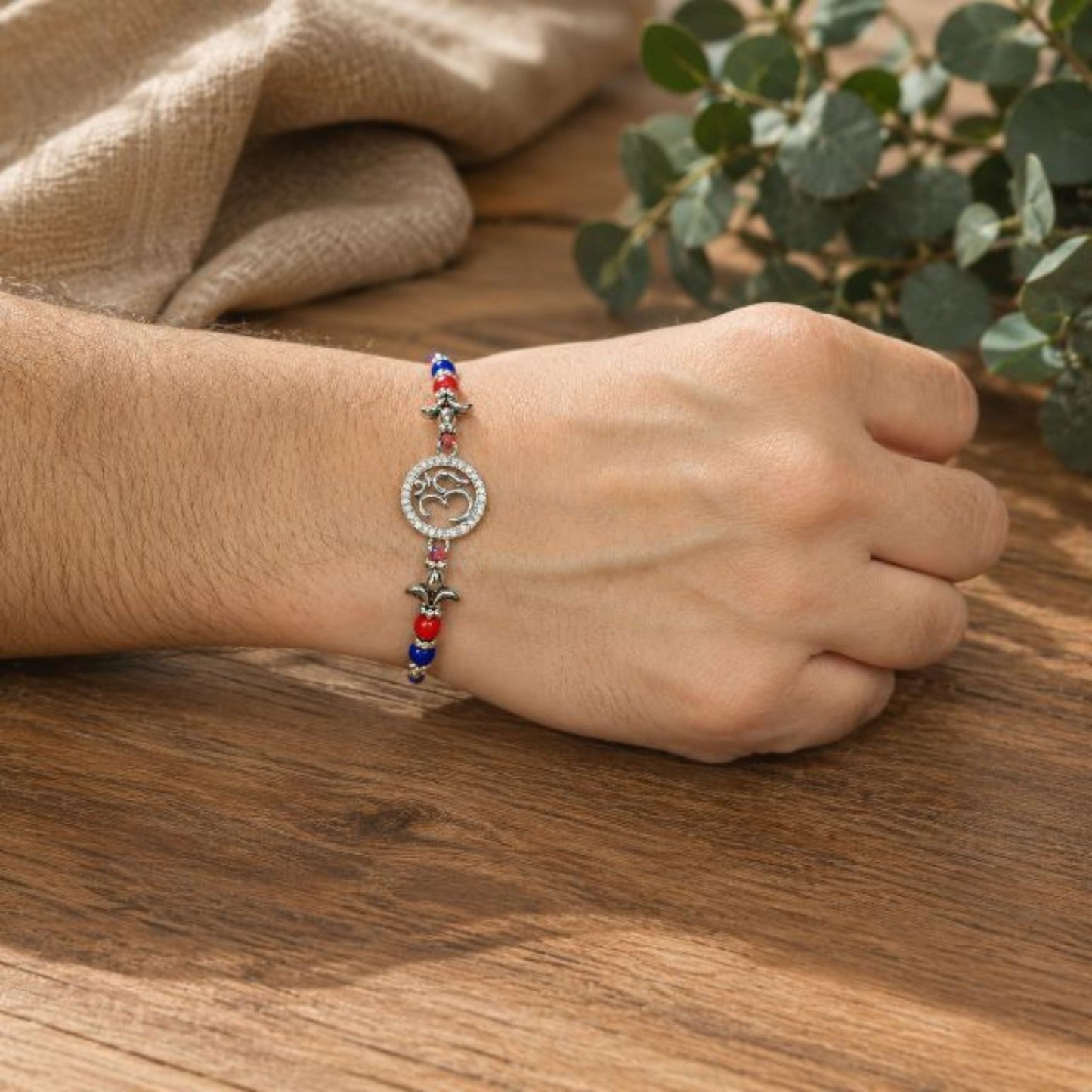 Om (ॐ) Symbol 925 Sterling Silver Rakhi with CZ Halo