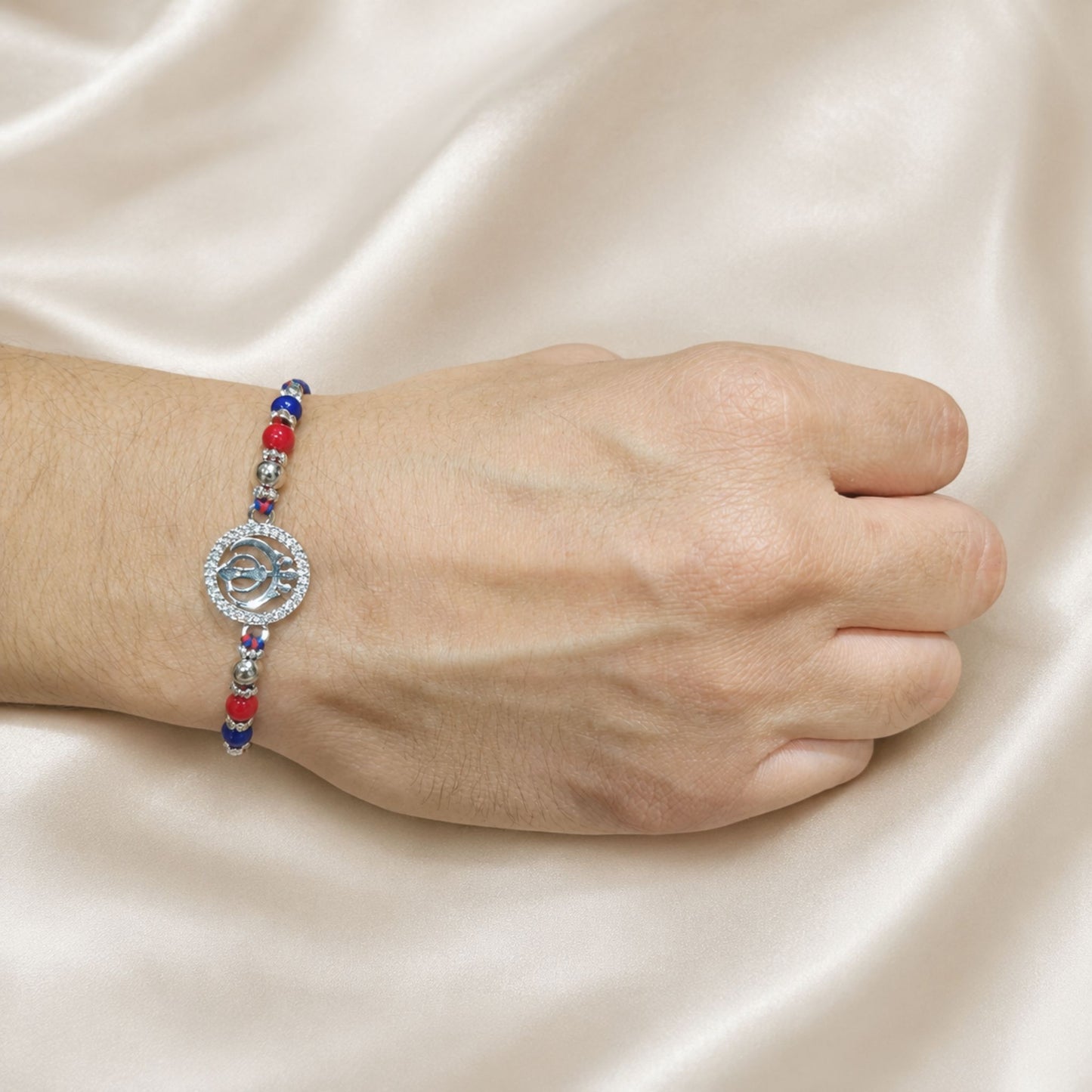 Khanda Symbol Rakhi with Sparkling Silver CZ Elegance