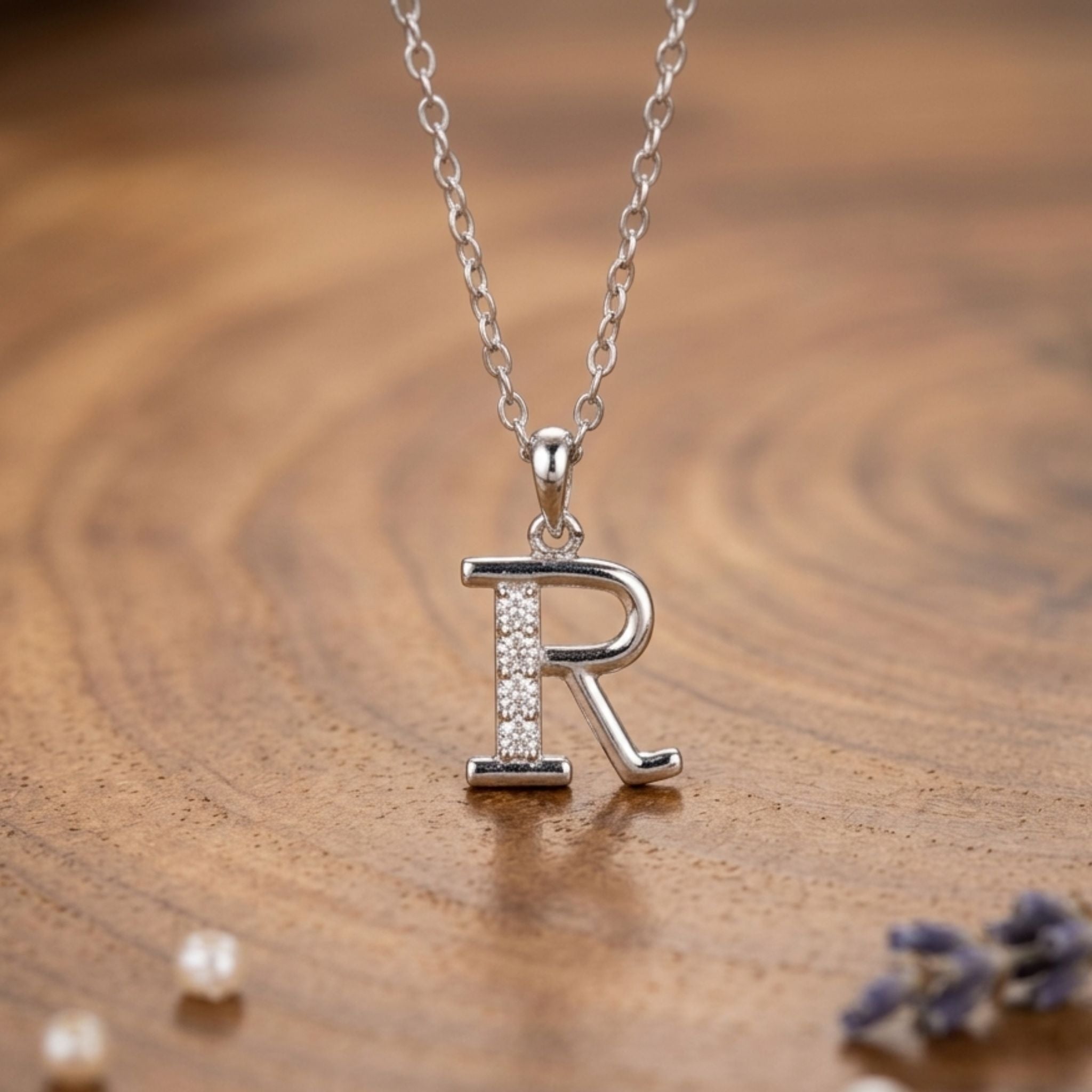 925 Sterling Silver Initial R Necklace With cubic Zirconia
