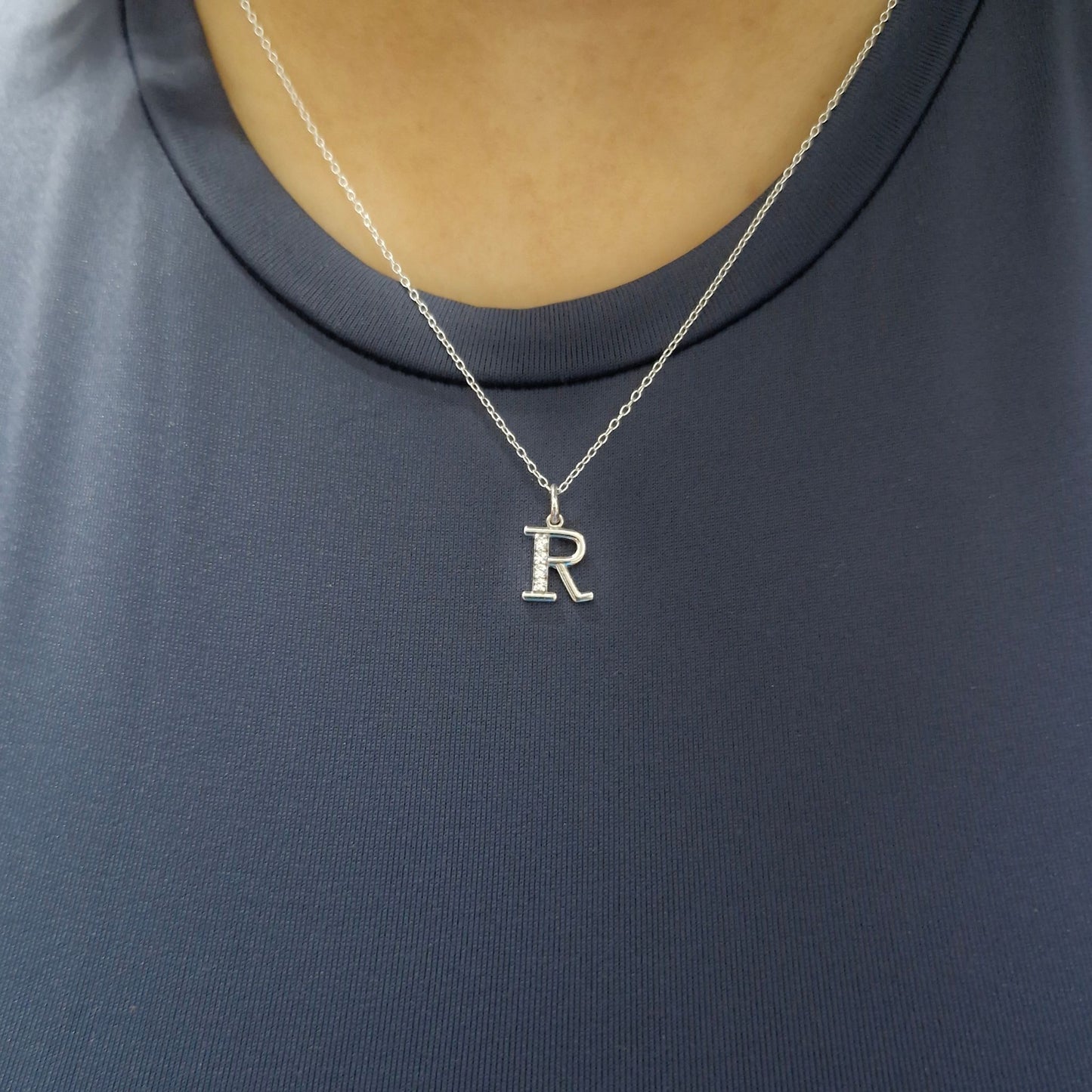 925 Sterling Silver Initial R Necklace With cubic Zirconia