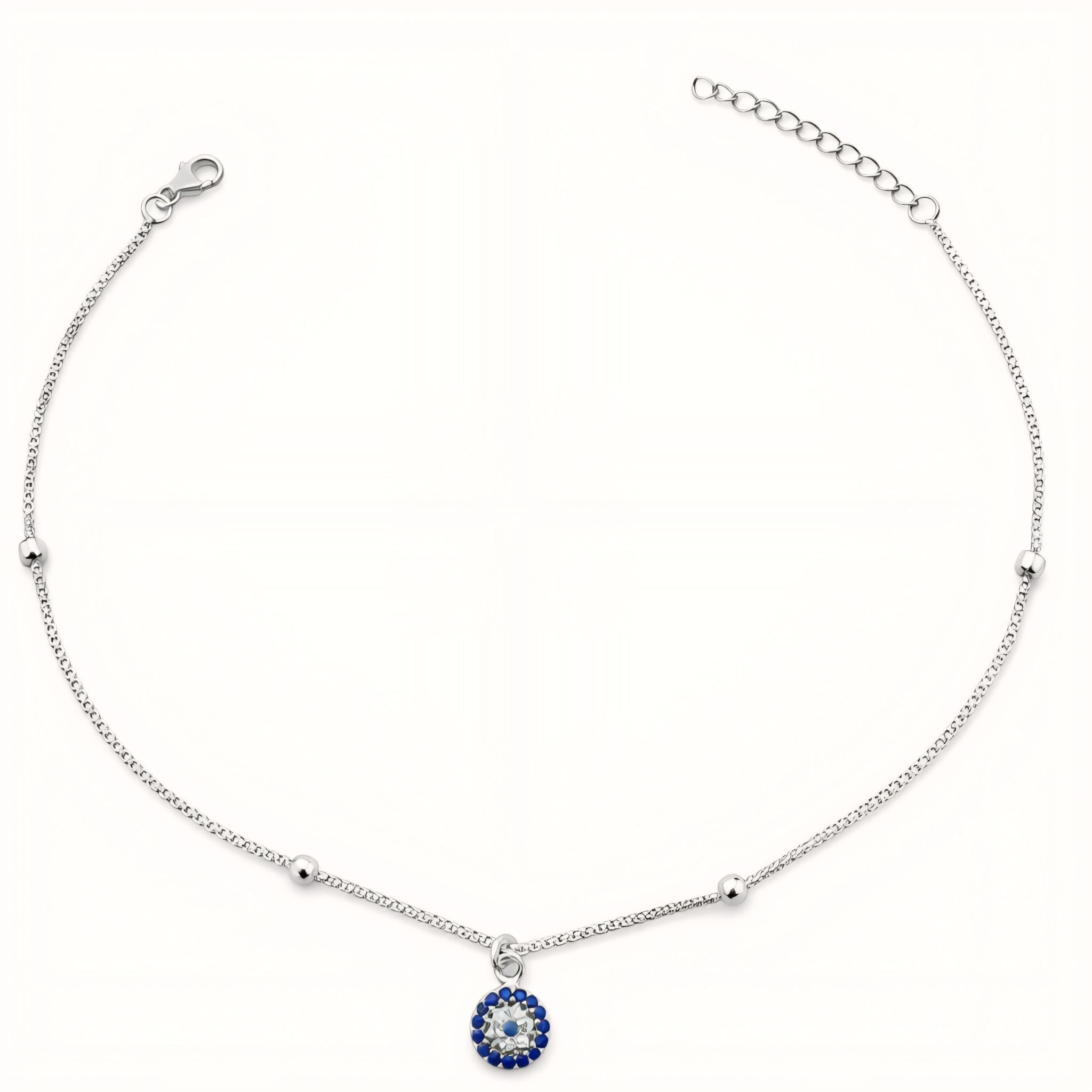 925 Sterling Silver Evil Eye Anklet with Beads and Cubic Zirconia