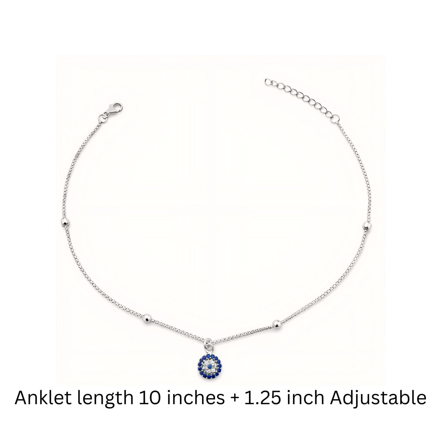 925 Sterling Silver Evil Eye Anklet with Beads and Cubic Zirconia