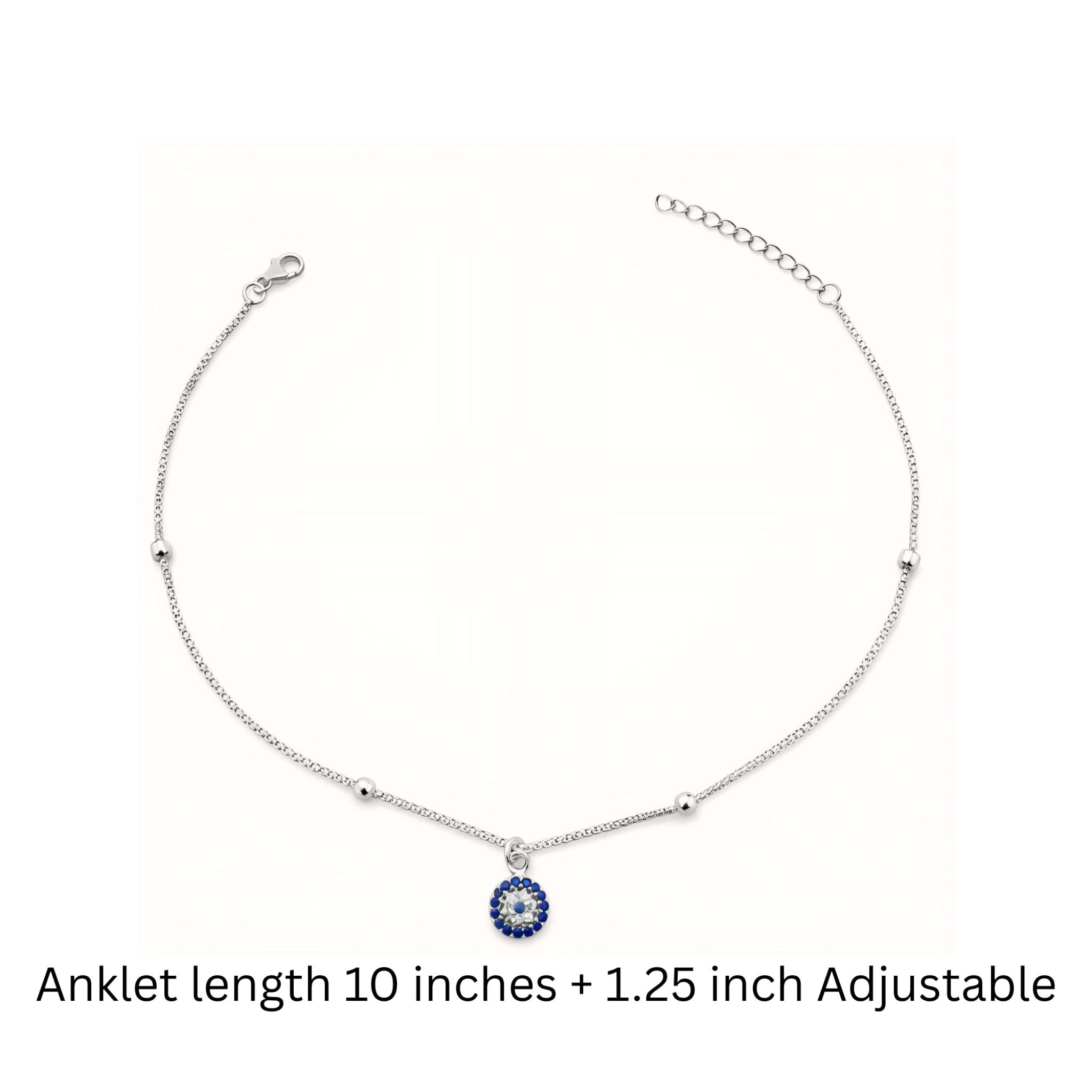 925 Sterling Silver Evil Eye Anklet with Beads and Cubic Zirconia