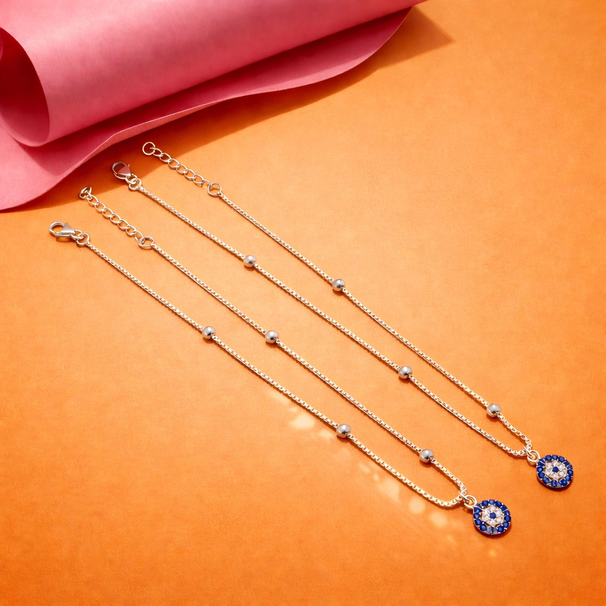 925 Sterling Silver Evil Eye Anklet with Beads and Cubic Zirconia