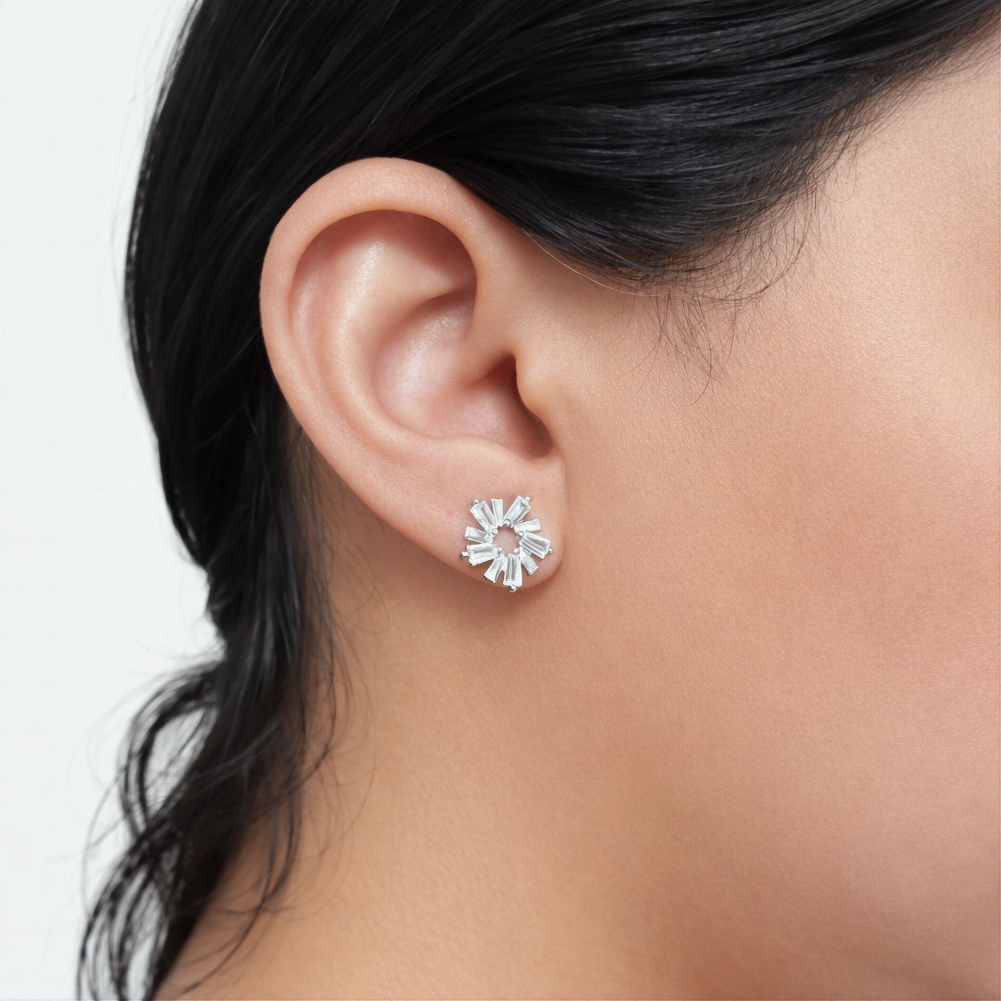 925 Sterling Silver Sunburst Wreath Stud Earrings With Baguette Cubic Zirconia