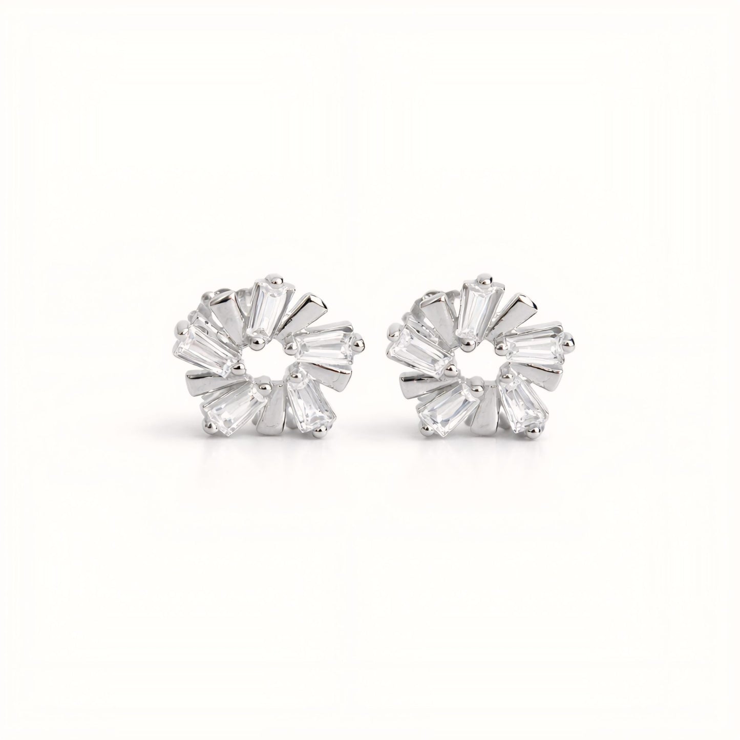 925 Sterling Silver Sunburst Wreath Stud Earrings With Baguette Cubic Zirconia
